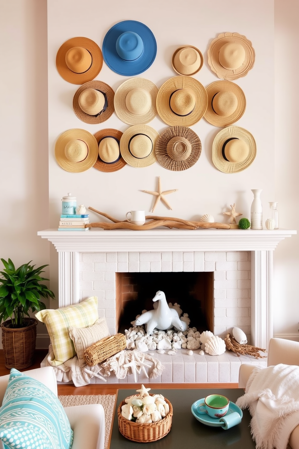 Sun hats hung as wall decor create a vibrant and playful atmosphere in a summer-themed living space. The hats are arranged in an artistic pattern on a light-colored wall, complemented by a backdrop of soft pastel hues. For summer fireplace decorating ideas, incorporate seashells and driftwood into the mantel display. Surround the fireplace with light, airy fabrics and summer-themed accents to evoke a cozy yet breezy feel.