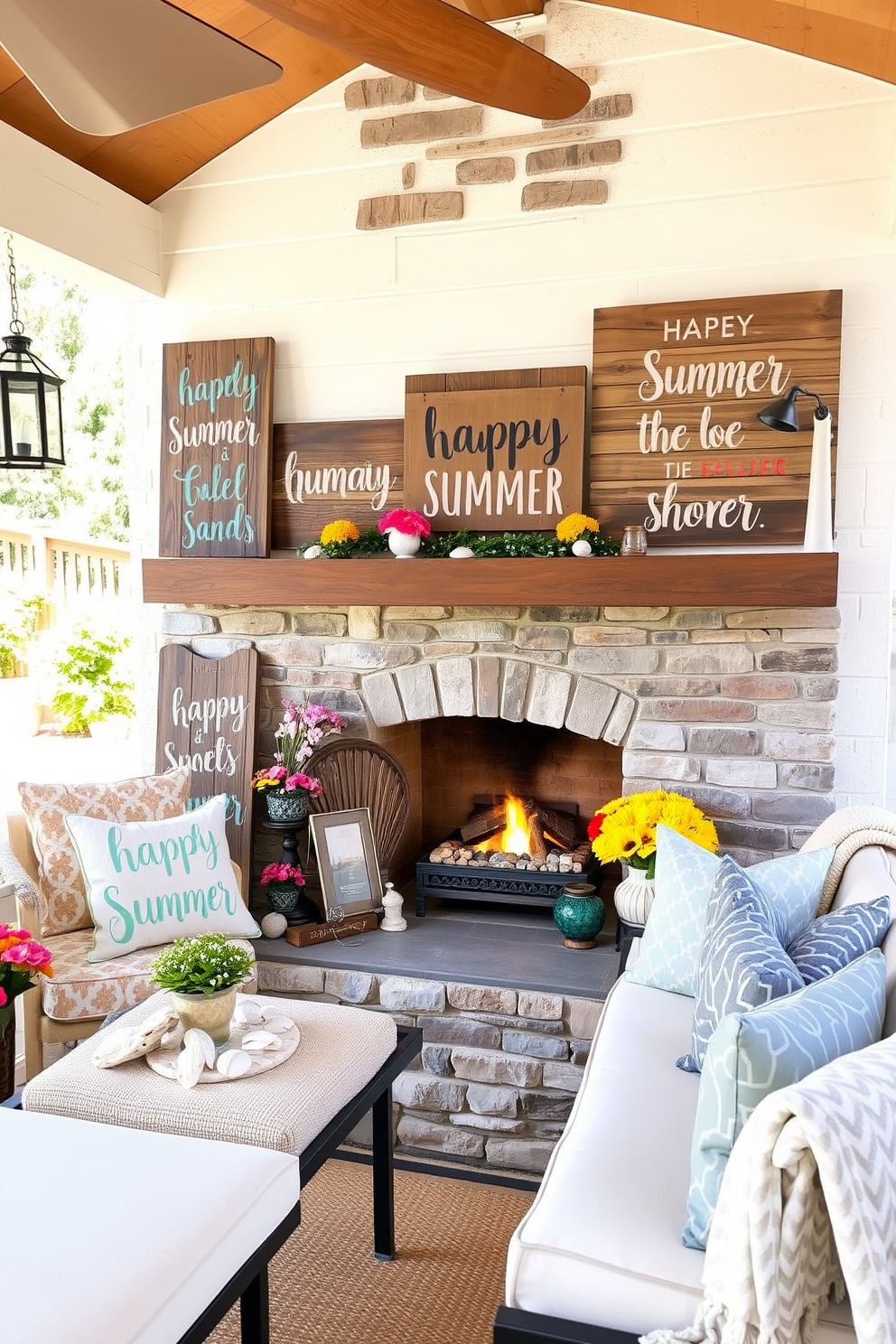 Rustic wooden signs displaying cheerful summer quotes are scattered throughout a sunlit outdoor patio. Each sign is crafted from reclaimed wood, featuring hand-painted lettering in vibrant colors, creating a warm and inviting atmosphere. The summer fireplace is adorned with seasonal decorations, including fresh flowers in bright hues and natural elements like seashells and driftwood. Cozy throws and pillows in light fabrics are arranged around the fireplace, enhancing the relaxed summer vibe.