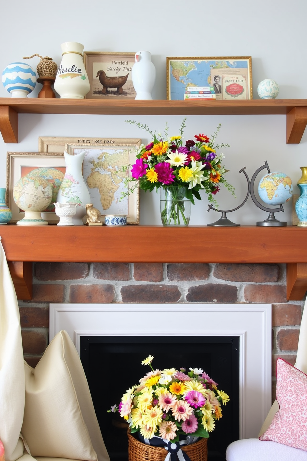 A collection of travel souvenirs displayed on a rustic wooden shelf. The shelf is adorned with various trinkets from around the world, including a hand-painted ceramic vase and a small globe. Summer fireplace decorating ideas include a bright arrangement of seasonal flowers in a glass vase. Surrounding the fireplace, light and airy fabrics in pastel colors create a cheerful atmosphere.