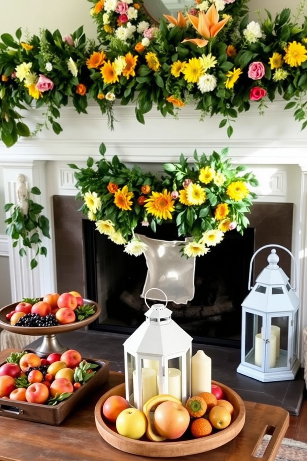 A collection of decorative trays displaying an assortment of vibrant summer fruits such as peaches, berries, and citrus arranged artfully. The trays are placed on a rustic wooden table, complemented by a backdrop of lush greenery and soft, natural light. A cozy fireplace adorned with summer-themed decorations, featuring a garland of fresh flowers and greenery draped across the mantel. On the hearth, a set of decorative lanterns and candles create a warm and inviting atmosphere, perfect for summer evenings.