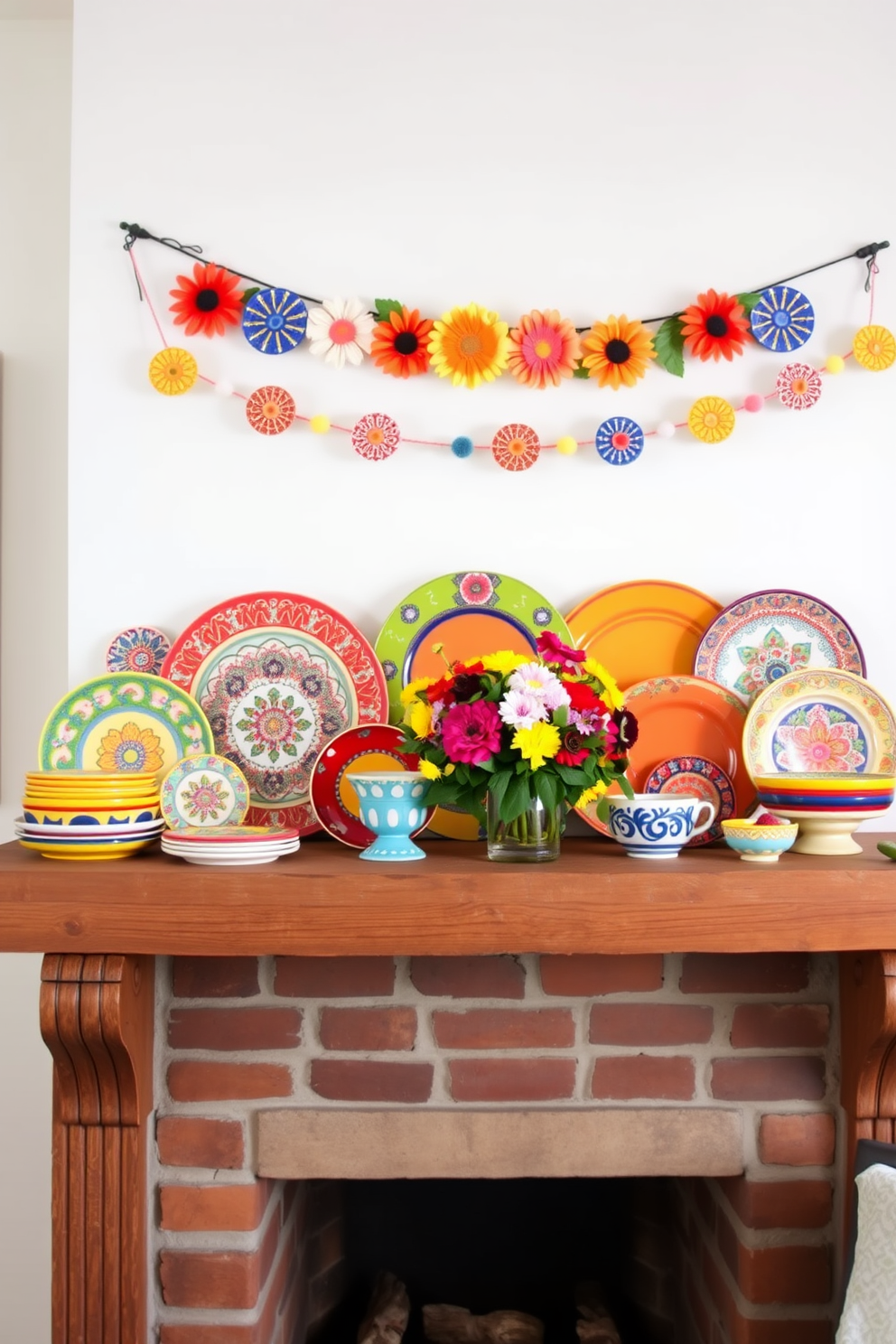 Brightly colored ceramic dishes are artfully arranged on a rustic wooden mantel, creating a vibrant focal point in the room. The dishes feature intricate patterns and a mix of bold hues, adding a playful touch to the summer decor. Above the mantel, a cheerful summer-themed garland drapes gracefully, complementing the colorful dishes. The fireplace is adorned with fresh flowers in a vase, enhancing the lively and inviting atmosphere of the space.