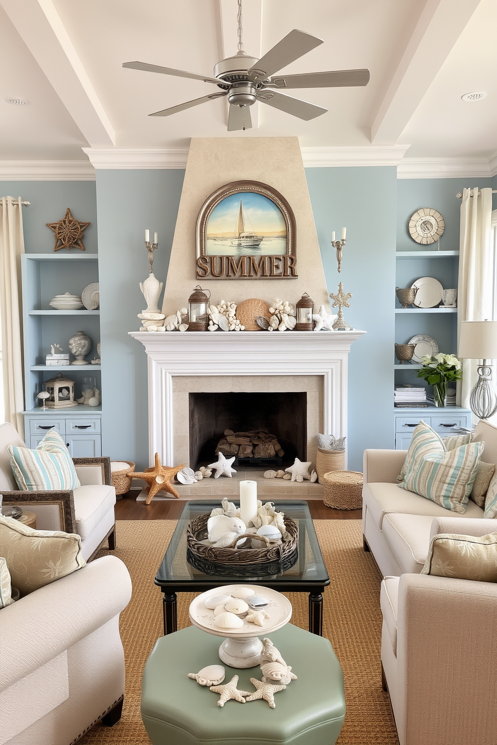 A coastal themed living room features an array of seashell accents scattered throughout the space. Soft blue and sandy beige tones dominate the decor, creating a serene beach atmosphere. In the center, a summer fireplace is adorned with decorative seashells and driftwood. Surrounding the fireplace, comfortable seating invites relaxation while enhancing the coastal charm.