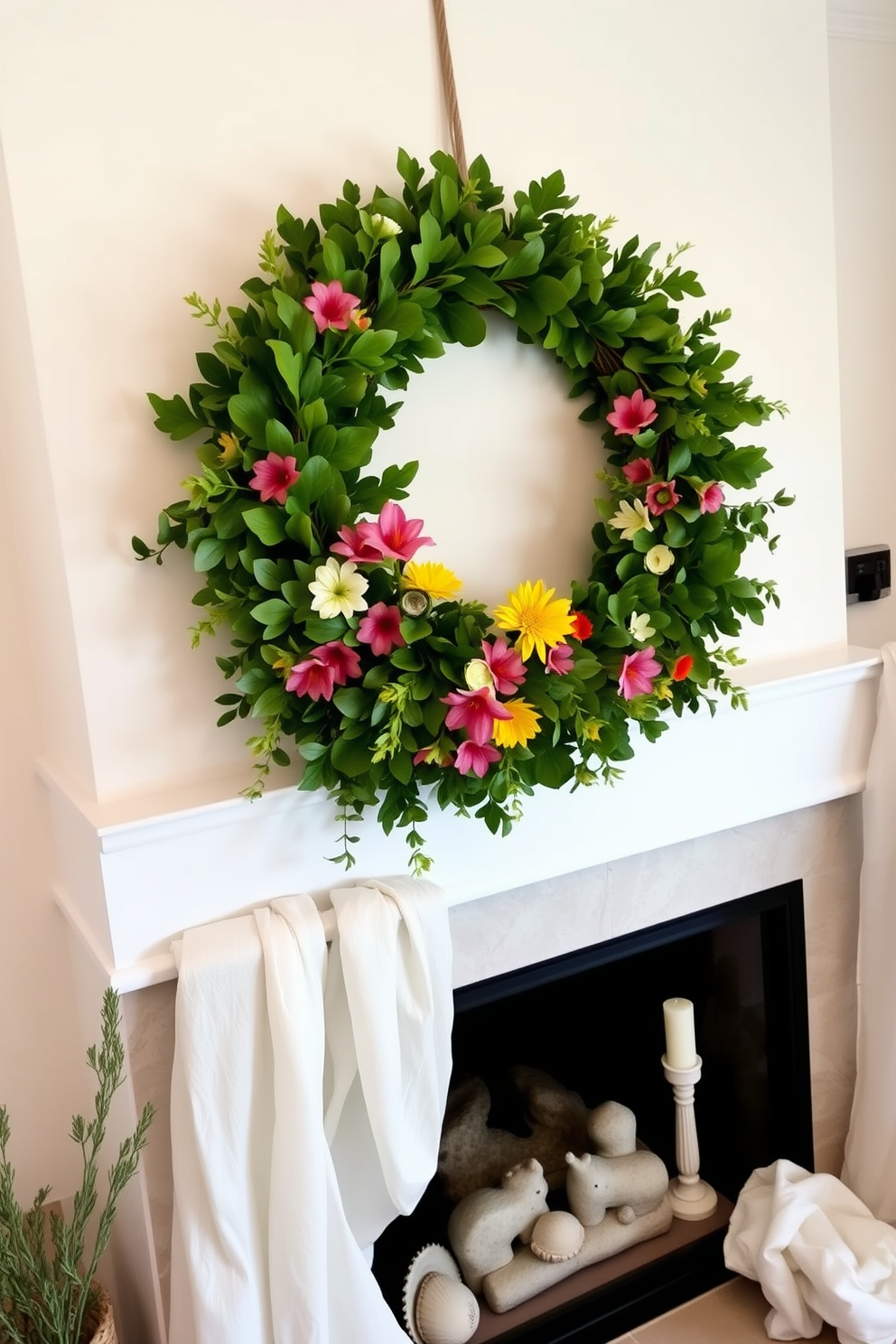 A seasonal wreath made of lush green foliage is elegantly displayed above a modern fireplace. The fireplace is adorned with subtle summer-themed decorations, including light-colored candles and a few decorative seashells. Bright and cheerful flowers are interspersed throughout the wreath, adding a pop of color to the greenery. Soft, airy fabrics drape around the fireplace, enhancing the cozy summer ambiance.