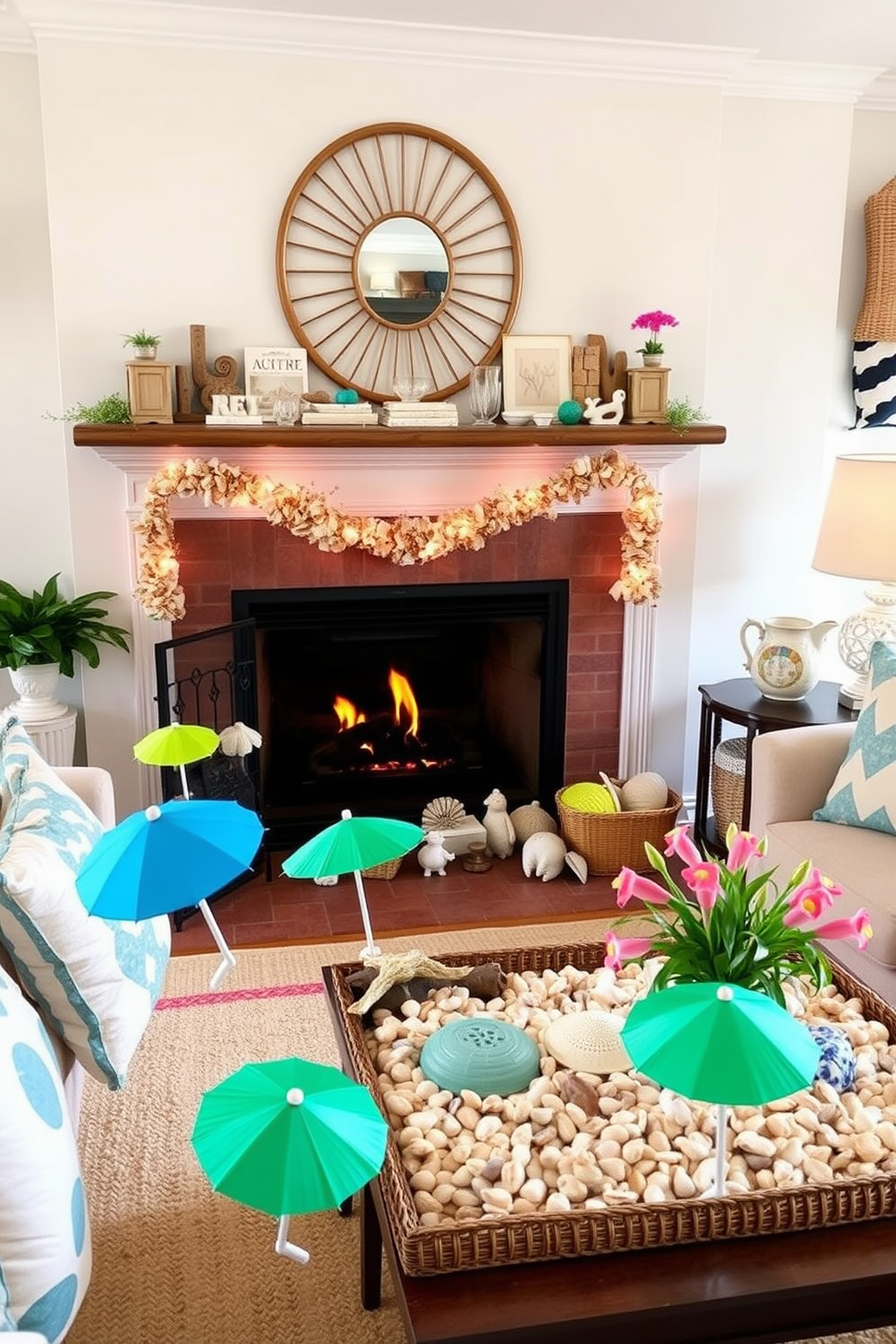 A charming living room adorned with miniature beach umbrellas as decor. The vibrant colors of the umbrellas bring a playful and cheerful vibe to the space, complementing the light, airy atmosphere. A cozy fireplace setting decorated for summer. Surround the fireplace with seashells and beach-themed accents, creating a warm yet refreshing ambiance perfect for the season.