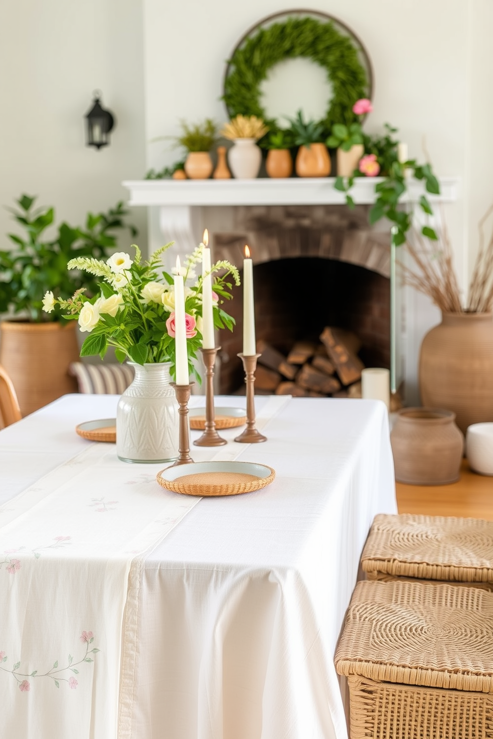 A light and airy dining table is elegantly dressed with delicate white linen table runners that gently cascade over the edges. The runners are adorned with soft pastel floral patterns, creating a fresh and inviting atmosphere for summer gatherings. The summer fireplace is decorated with a collection of vibrant greenery and seasonal flowers in rustic ceramic vases. Soft, neutral accents like woven placemats and light-colored candles enhance the cozy yet breezy feel of the space.