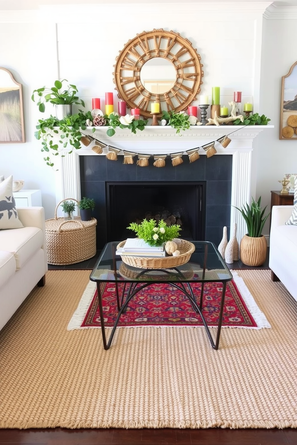 A cozy living room setting with layered rugs in varying textures and colors. The base rug is a large neutral jute, topped with a smaller, vibrant Persian rug that adds warmth and character. A stylish fireplace adorned with summer-themed decorations. Surround the mantel with fresh greenery, colorful candles, and beach-inspired accents like seashells and driftwood.