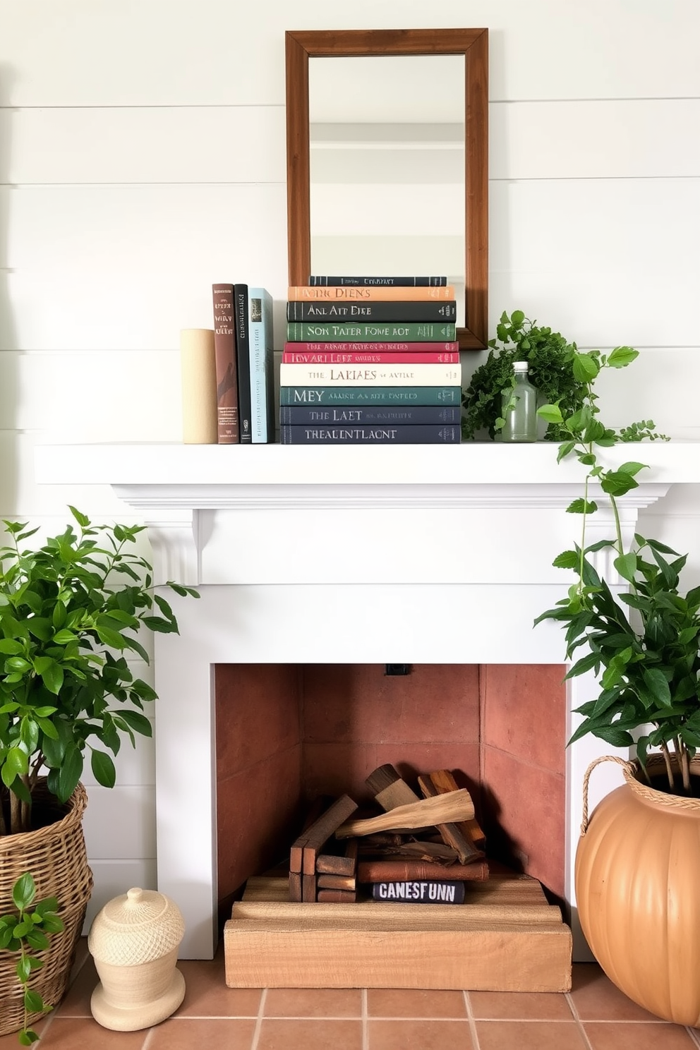 A cozy summer fireplace setting adorned with seasonal books stacked artfully on the mantel. The fireplace is surrounded by light-colored shiplap, and vibrant greenery enhances the warm atmosphere.