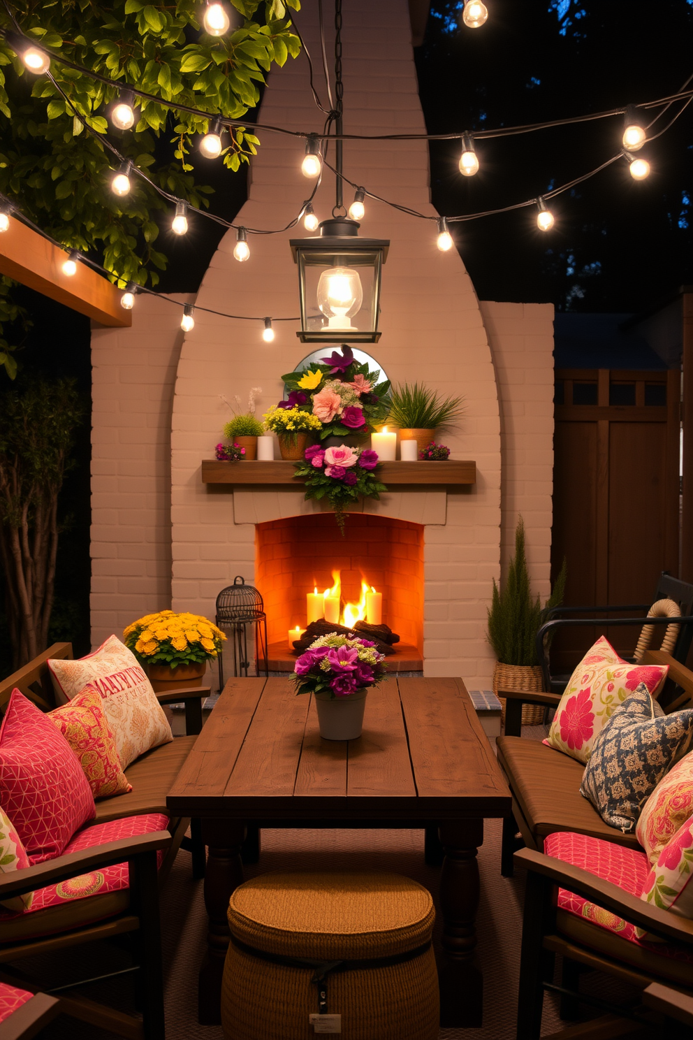 A cozy summer outdoor space illuminated by hanging string lights creating a warm glow. The area features a rustic wooden table surrounded by comfortable seating adorned with vibrant cushions. A charming fireplace decorated with seasonal accents like colorful flowers and natural elements. The mantel is adorned with candles and small potted plants to enhance the inviting atmosphere.