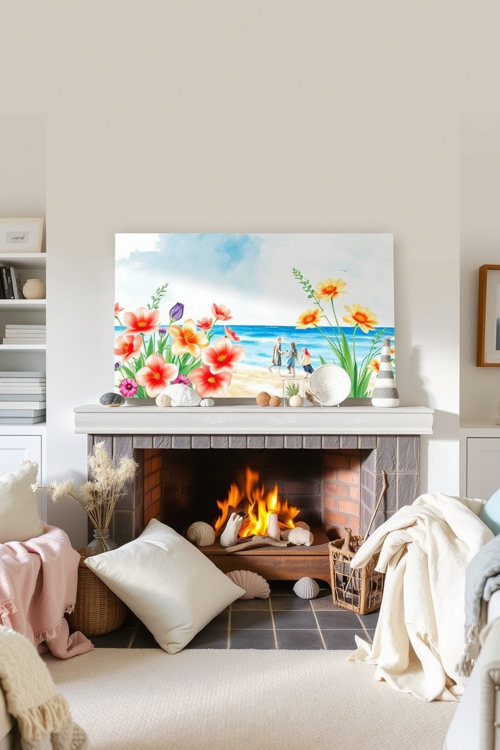 Watercolor art depicting vibrant summer scenes with blooming flowers and sunny beaches. The artwork should evoke a sense of warmth and relaxation, perfect for brightening up any living space. A cozy summer fireplace adorned with seasonal decorations like seashells and driftwood. Soft, pastel-colored throws and cushions are arranged around the fireplace to create an inviting atmosphere.