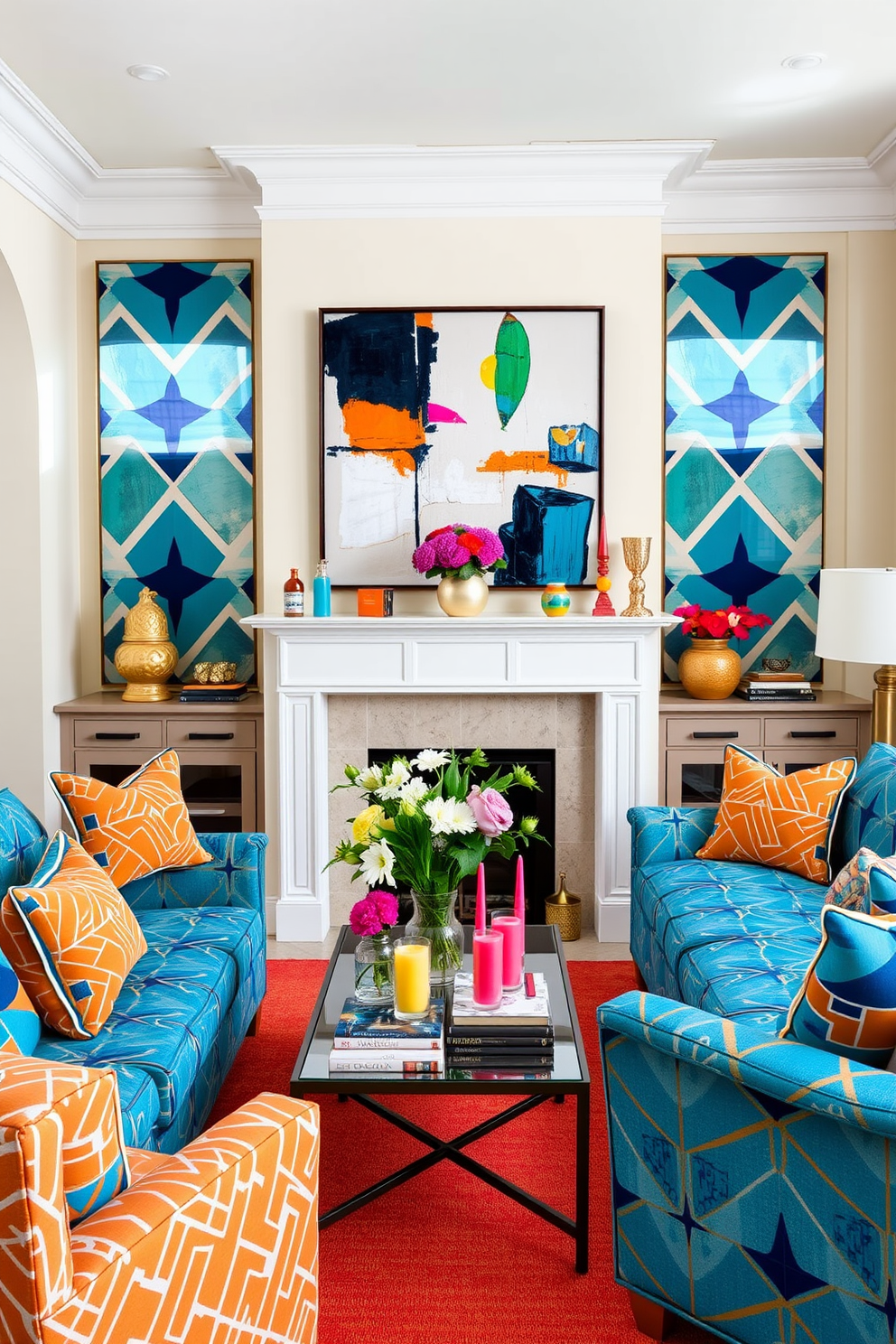 A cozy living room adorned with bold geometric patterns. The walls are painted in a soft neutral tone, while the furniture features vibrant geometric prints in shades of blue and orange. In the center, a stylish summer fireplace is decorated with fresh flowers and colorful candles. The mantelpiece showcases a mix of decorative items, including a large abstract art piece that complements the overall design.