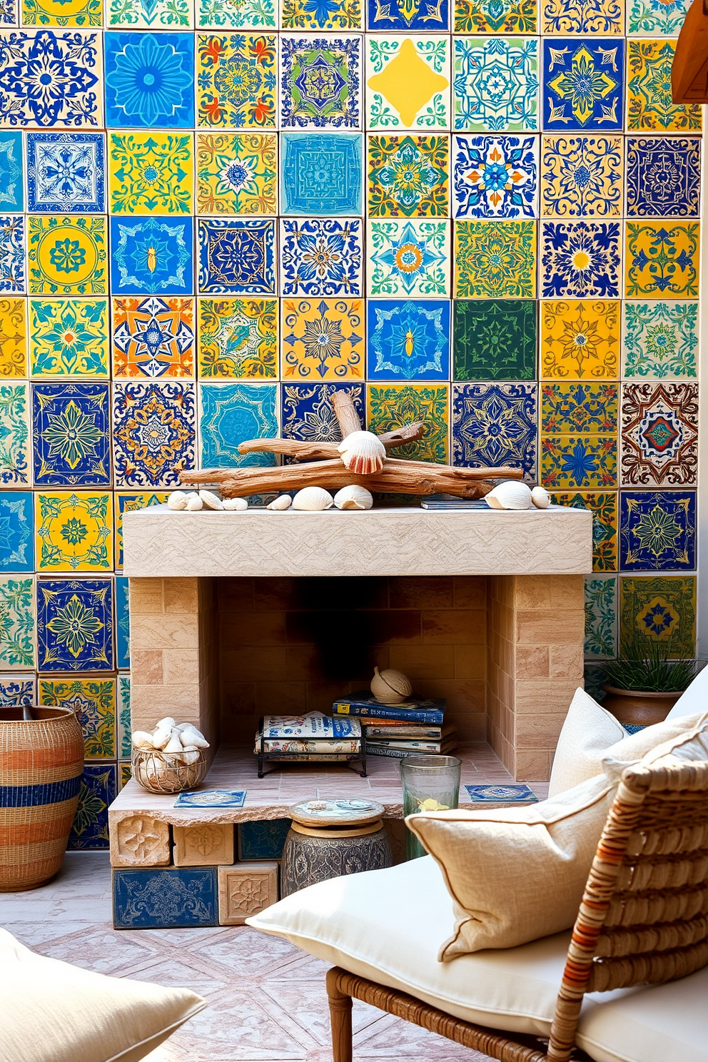 A vibrant arrangement of colorful ceramic tiles creates a stunning backdrop for the space. The tiles feature intricate patterns in shades of blue, yellow, and green, adding a lively touch to the design. The summer fireplace is adorned with natural elements, including driftwood and seashells. A cozy seating area is arranged nearby, with soft cushions and light fabrics that invite relaxation and warmth.