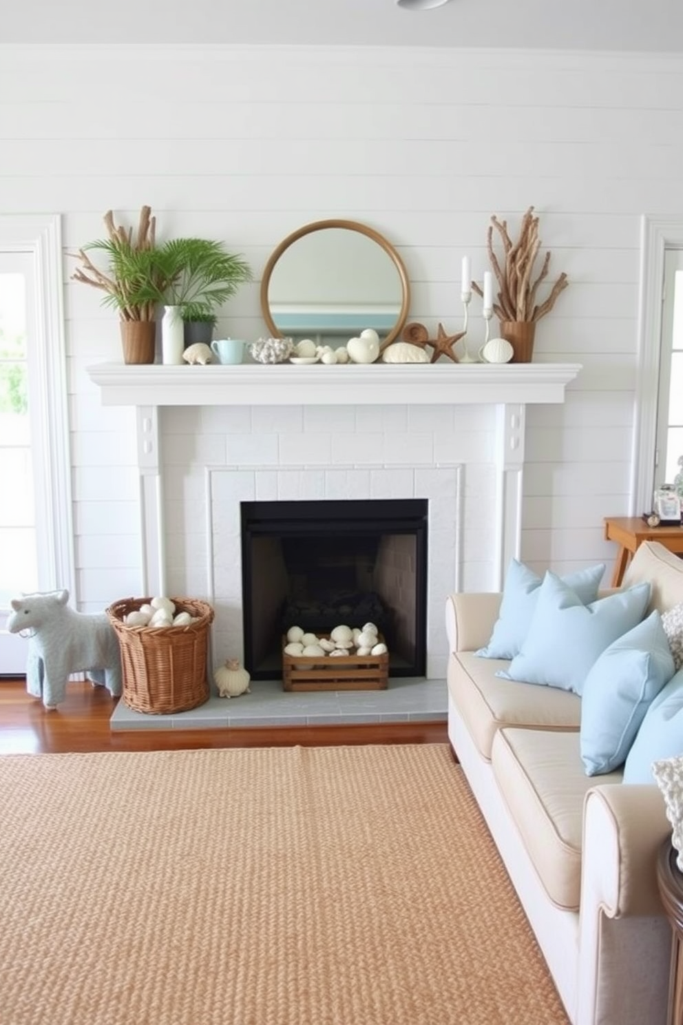 A cozy living room featuring a summer fireplace adorned with driftwood accents. The fireplace is surrounded by soft white shiplap, and a collection of seashells is displayed on the mantel. In front of the fireplace, a large woven rug adds texture to the space. Light blue cushions are scattered on a comfortable beige sofa, enhancing the beachy atmosphere.