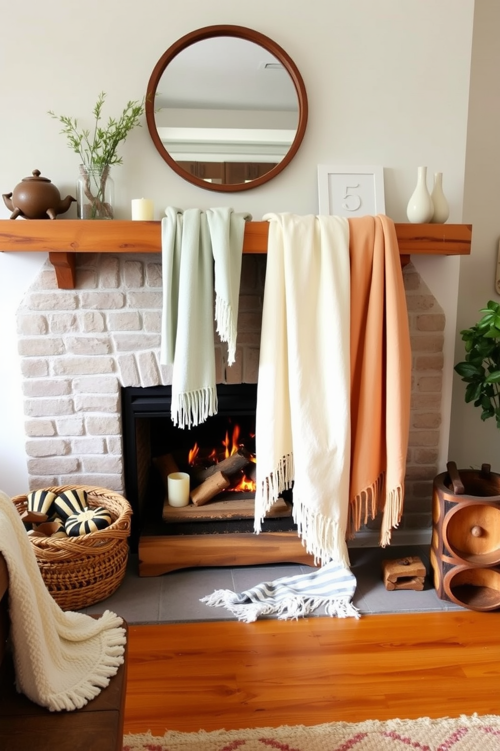 A cozy living room setting featuring a summer fireplace adorned with lightweight cotton throws in soft pastel colors. The fireplace is surrounded by natural wood accents and a few decorative candles, creating a warm and inviting atmosphere.