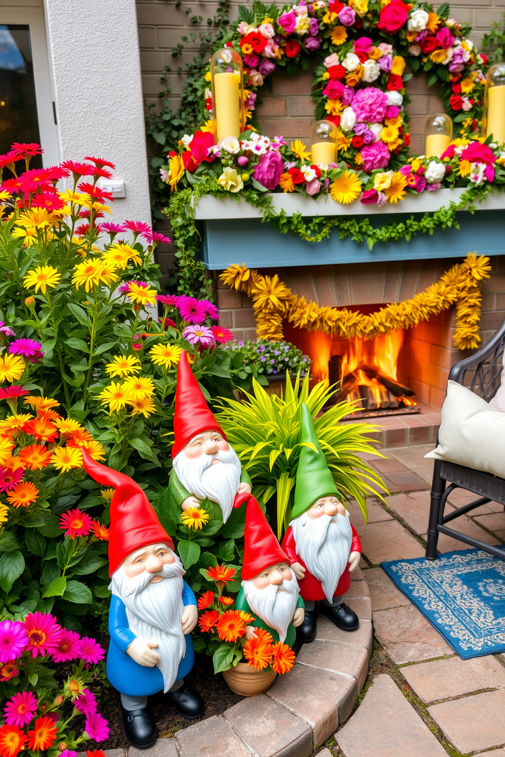 Whimsical garden gnomes are arranged playfully among colorful flowers and lush greenery. Each gnome has a unique design, adding a touch of charm and personality to the vibrant garden setting. The summer fireplace is adorned with bright seasonal decorations, featuring a mix of floral garlands and cheerful candles. A cozy seating area is arranged nearby, inviting relaxation and enjoyment of warm evenings.