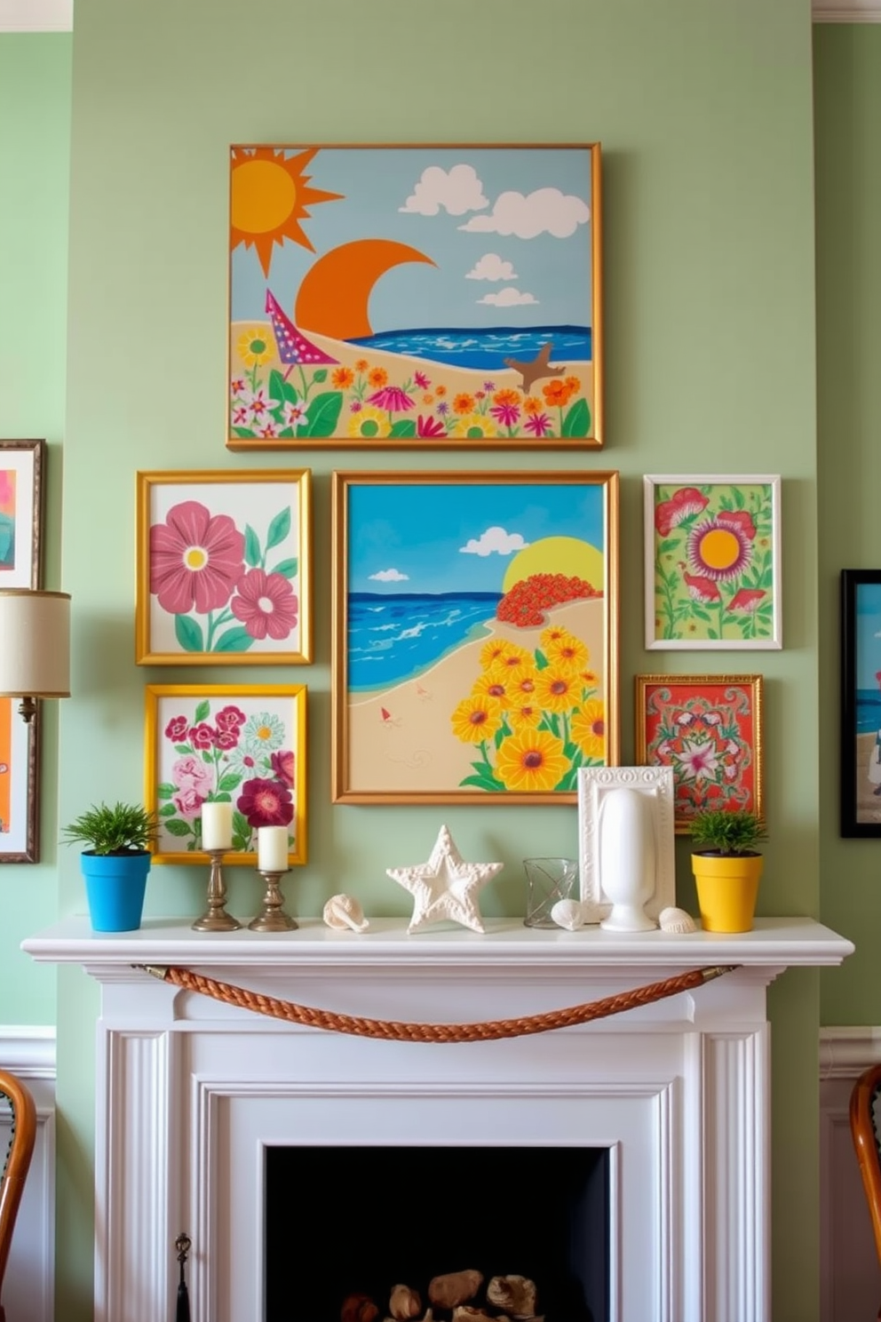 A vibrant collection of colorful summer-themed artwork is displayed above the mantel, featuring bright floral patterns and sunny landscapes that evoke a cheerful atmosphere. The mantel is adorned with decorative elements such as seashells, candles, and small potted plants, creating a warm and inviting focal point for the room.