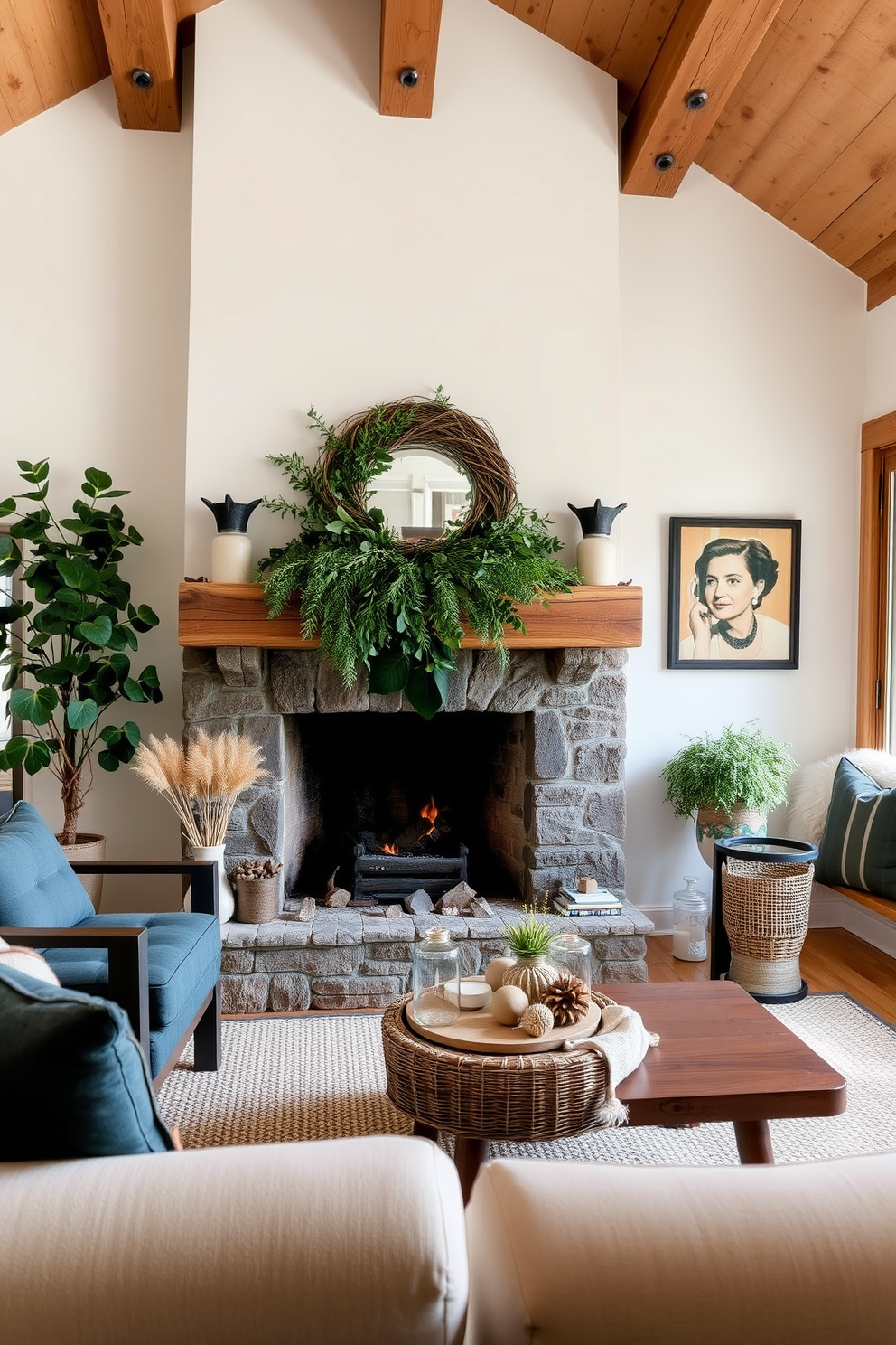 A cozy living room featuring natural wood elements that bring warmth to the space. The summer fireplace is adorned with lush greenery and seasonal decor that enhances the inviting atmosphere.