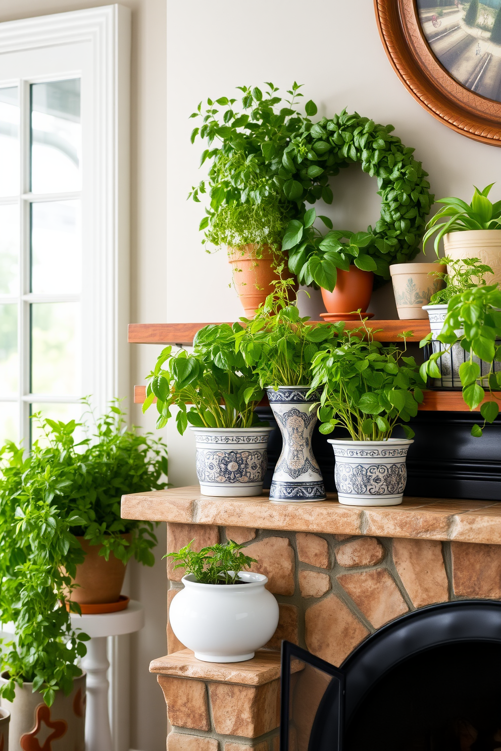 A cozy living room setting featuring a summer fireplace adorned with fresh herbs in decorative pots. The fireplace mantel is decorated with a mix of vibrant green plants and elegant ceramic pots, creating a refreshing and inviting atmosphere.