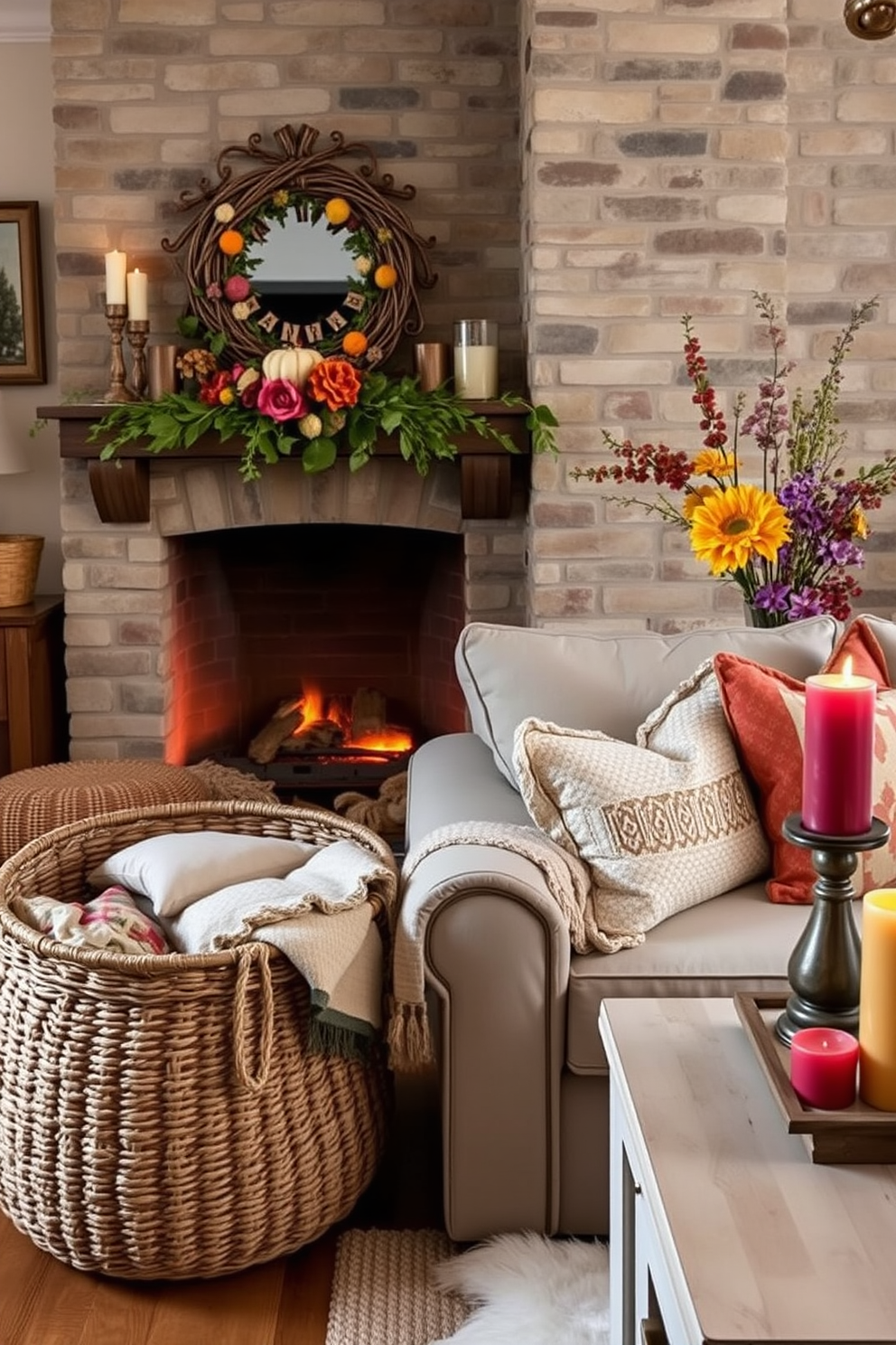 Layered textures create a cozy and inviting atmosphere in the living room. A large woven basket sits beside a plush sofa, filled with soft blankets and decorative pillows. The summer fireplace is adorned with vibrant seasonal decor. Fresh flowers in a rustic vase and a collection of colorful candles enhance the warm ambiance.