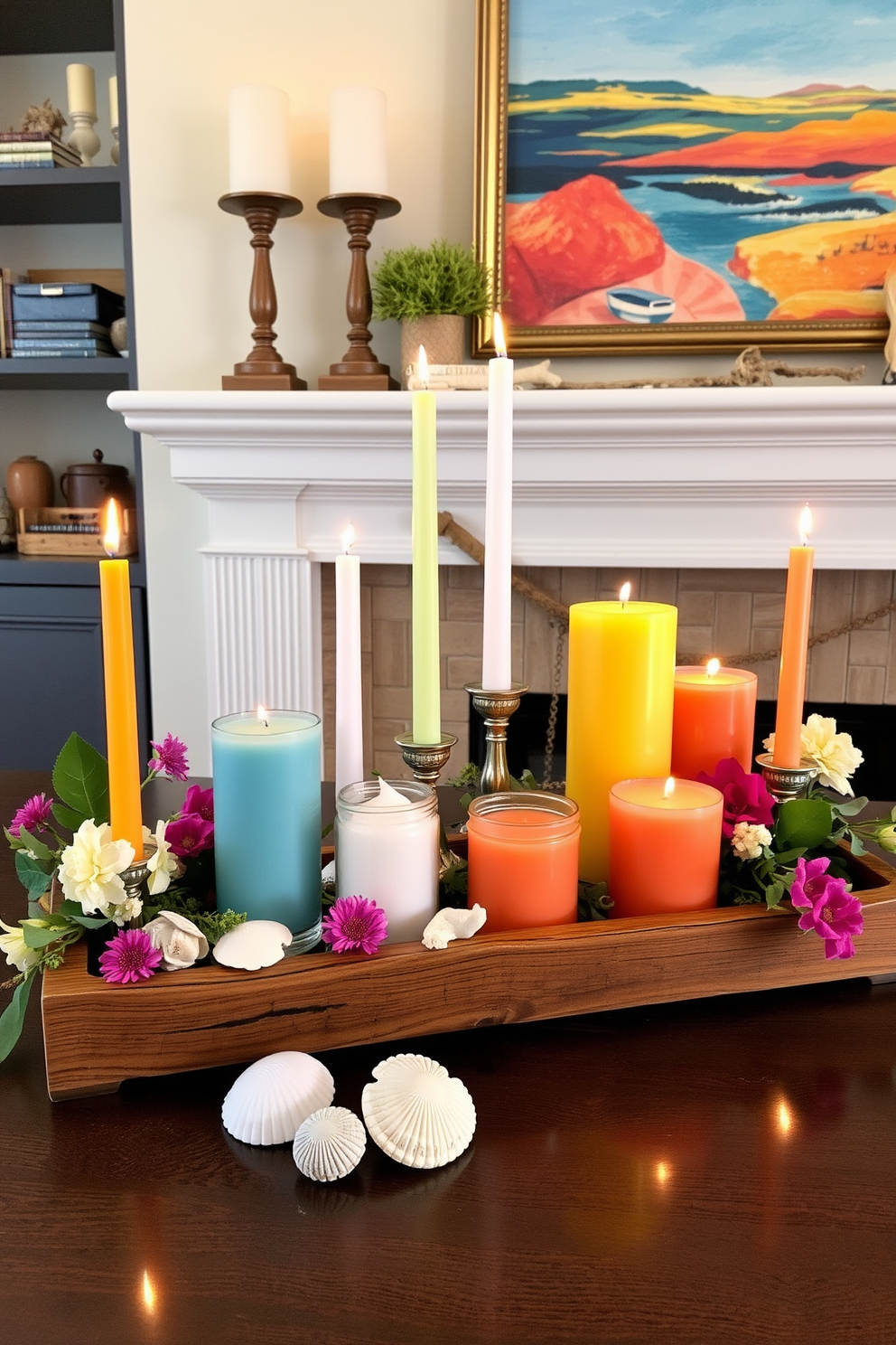 Candle displays with summery scents create a vibrant atmosphere filled with the essence of warm days. Arrange an assortment of colorful candles in varying heights on a rustic wooden tray, surrounded by fresh flowers and greenery. Summer fireplace decorating ideas transform a traditional space into a cozy retreat. Adorn the mantel with bright, seasonal decor such as seashells, driftwood, and vibrant artwork that reflects the colors of summer.