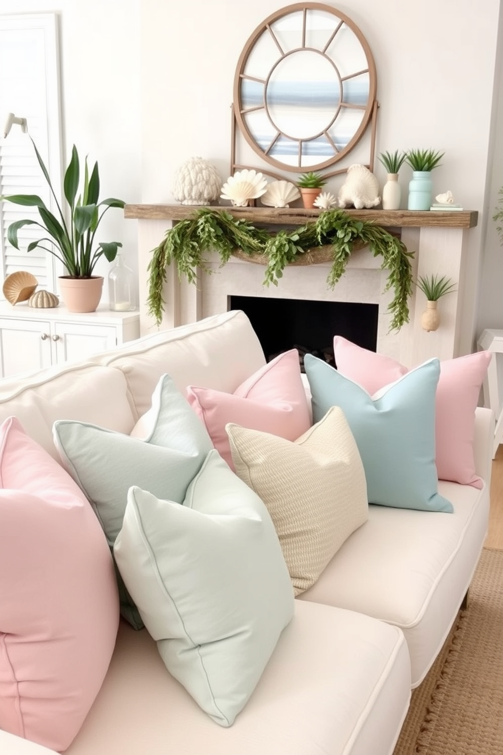 A cozy living room setting adorned with pastel colored decorative pillows in soft shades of pink, blue, and mint green. The pillows are arranged on a plush white sofa, creating a welcoming and cheerful atmosphere. A beautifully styled fireplace surrounded by summer-themed decor. The mantel is adorned with seashells, driftwood, and small potted plants, evoking a light and breezy coastal vibe.