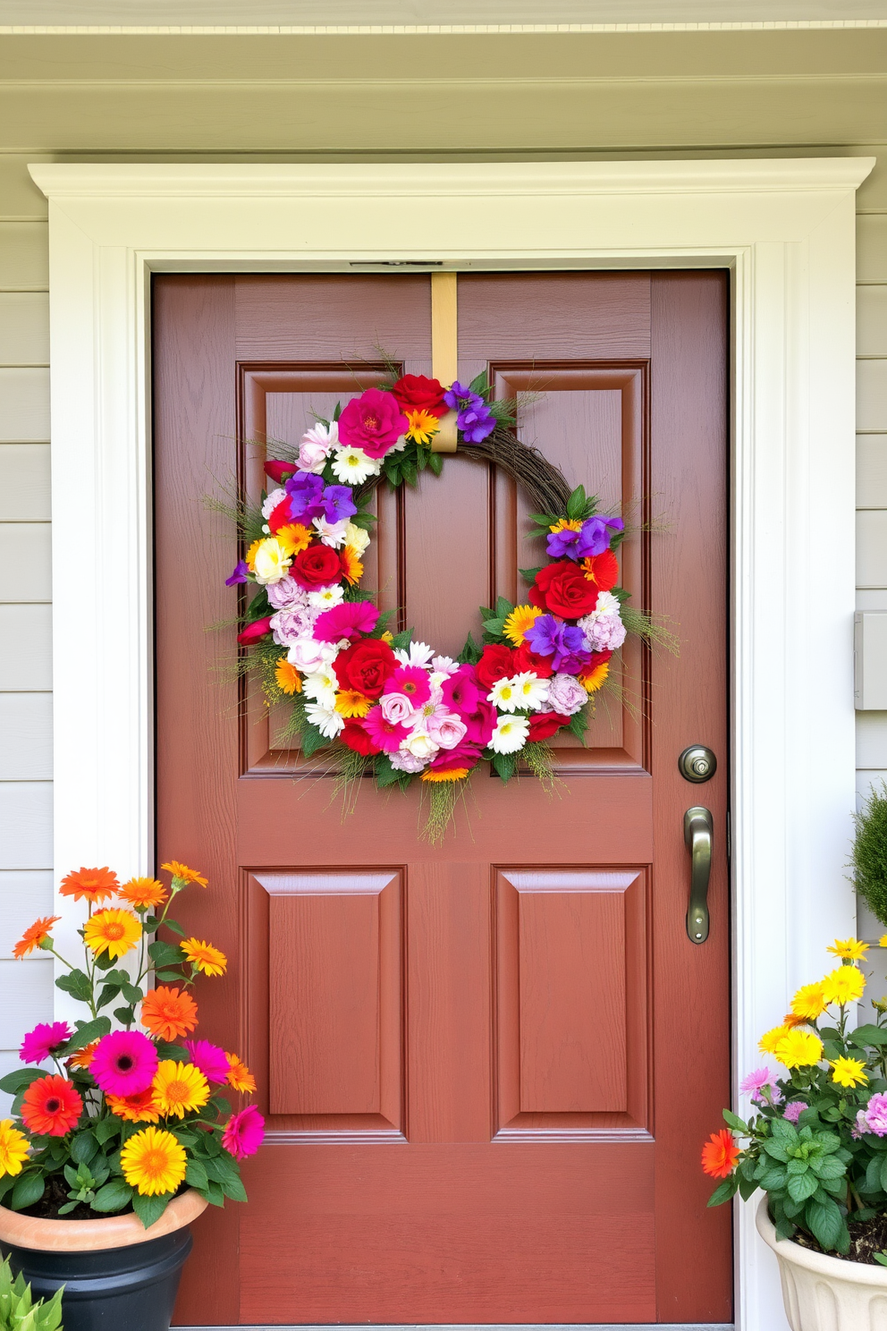 A bright floral wreath adorned with vibrant blooms hangs on a classic wooden front door. The surrounding area features potted plants and cheerful decor that enhance the welcoming summer vibe.