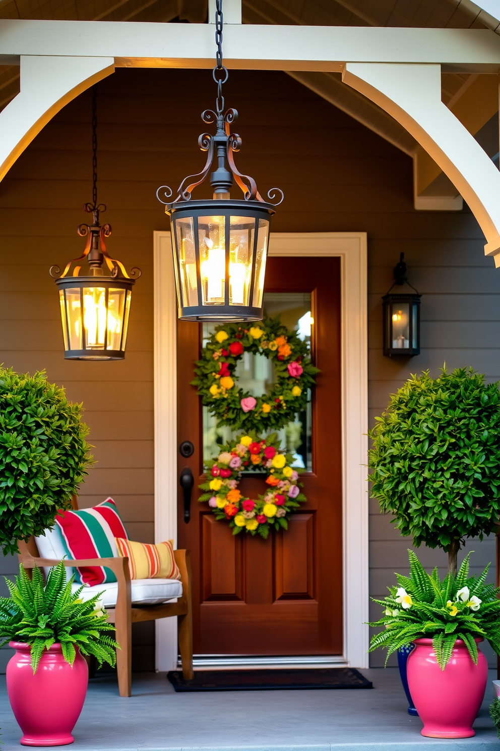 Hanging lanterns made of wrought iron and glass create a warm and inviting atmosphere on a summer evening. They are suspended from the porch ceiling, casting soft light over a cozy seating area adorned with colorful cushions. For summer front door decorating, a vibrant wreath made of fresh flowers and greenery is beautifully displayed. Flanking the door, potted plants in bright ceramic pots add a cheerful touch and enhance the welcoming feel.