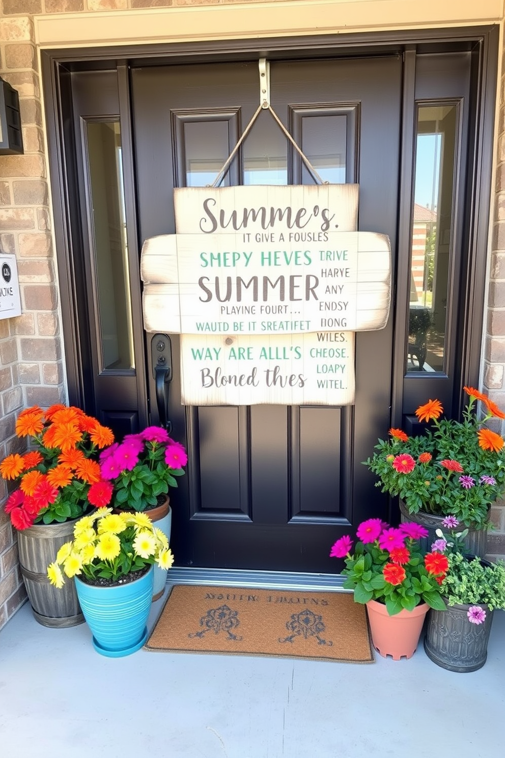 A rustic wooden sign hangs on the front door adorned with cheerful summer quotes. Surrounding the door are vibrant potted flowers and greenery, creating a warm and inviting entrance.