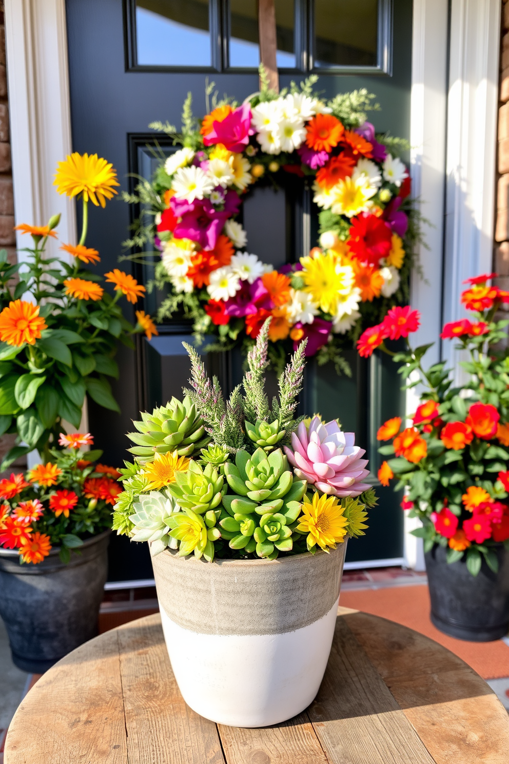 A vibrant arrangement of various succulents in a stylish ceramic pot. The pot is placed on a rustic wooden table near the entrance, surrounded by natural light. A cheerful summer wreath made of colorful flowers and greenery hangs on the front door. Flanking the door are potted plants with bright blooms that enhance the welcoming atmosphere.