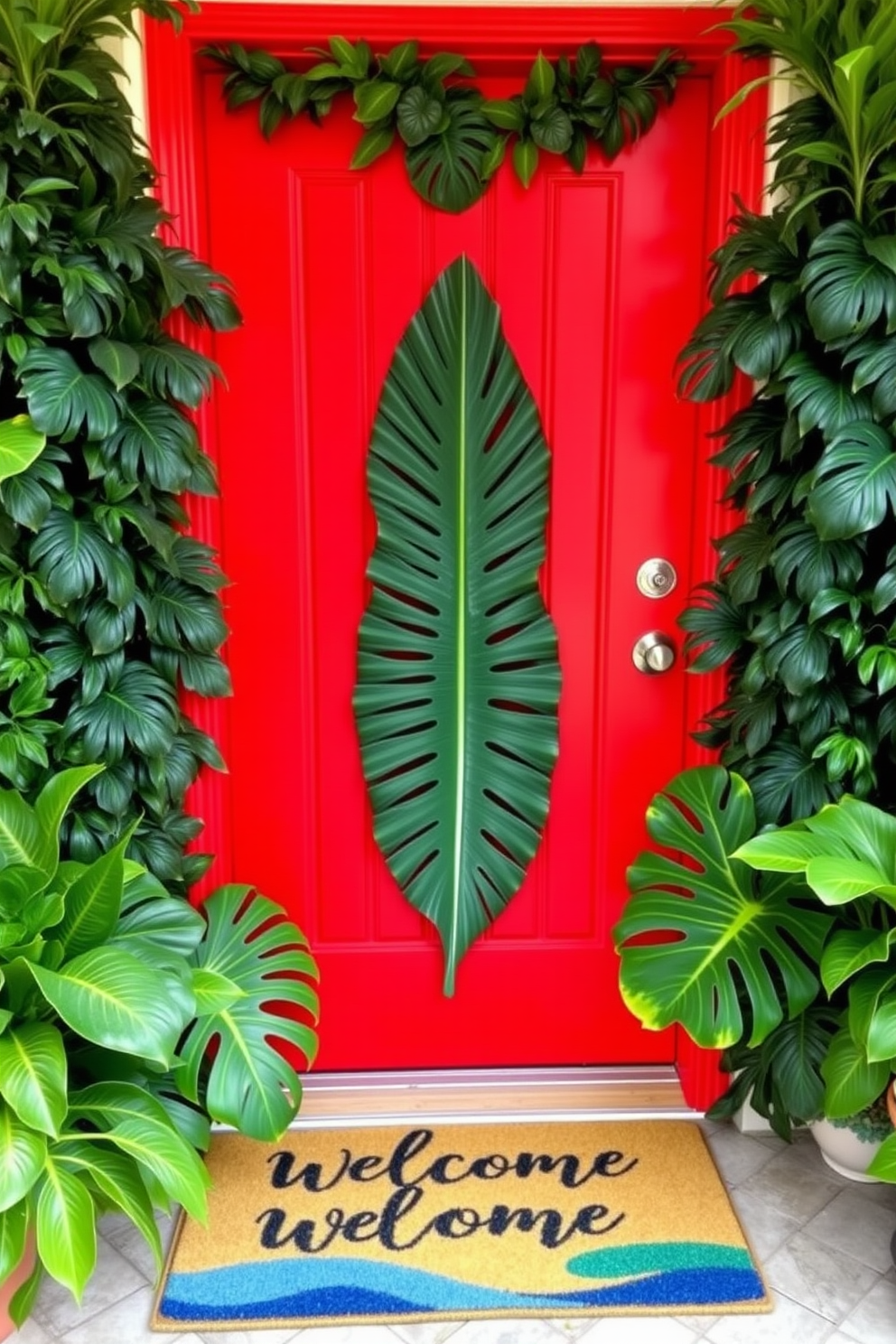 A vibrant front door adorned with tropical leaf accents welcomes guests with a refreshing touch. The door is painted in a bright color that complements the lush greenery surrounding it, creating an inviting entrance. Decorative tropical leaves are strategically placed around the door frame, adding a lively and organic feel. A stylish welcome mat with a beachy design sits at the foot of the door, enhancing the summer vibe.