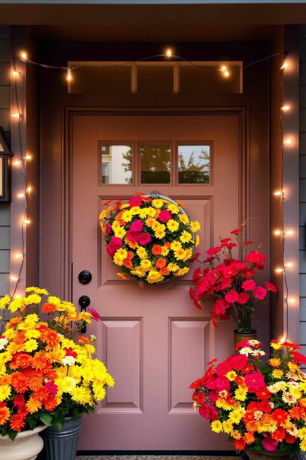 A charming front door adorned with vibrant summer flowers in a variety of colors. String lights are elegantly draped around the door frame, creating a warm and inviting ambiance for gatherings.