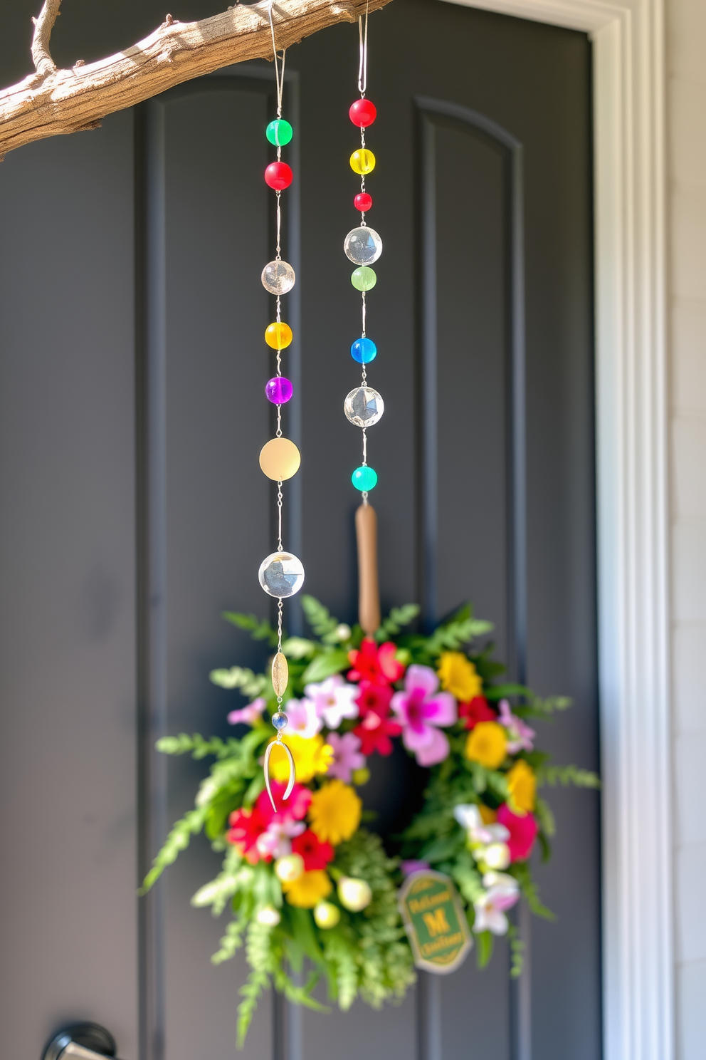 Whimsical wind chimes hang from a sturdy branch, creating a playful melody with every breeze. Colorful beads and delicate shapes dance in the sunlight, adding a cheerful ambiance to the outdoor space. Summer front door decorating ideas feature a vibrant wreath made of fresh flowers and greenery. A welcoming doormat with a fun phrase complements the bright colors, inviting guests to step inside.