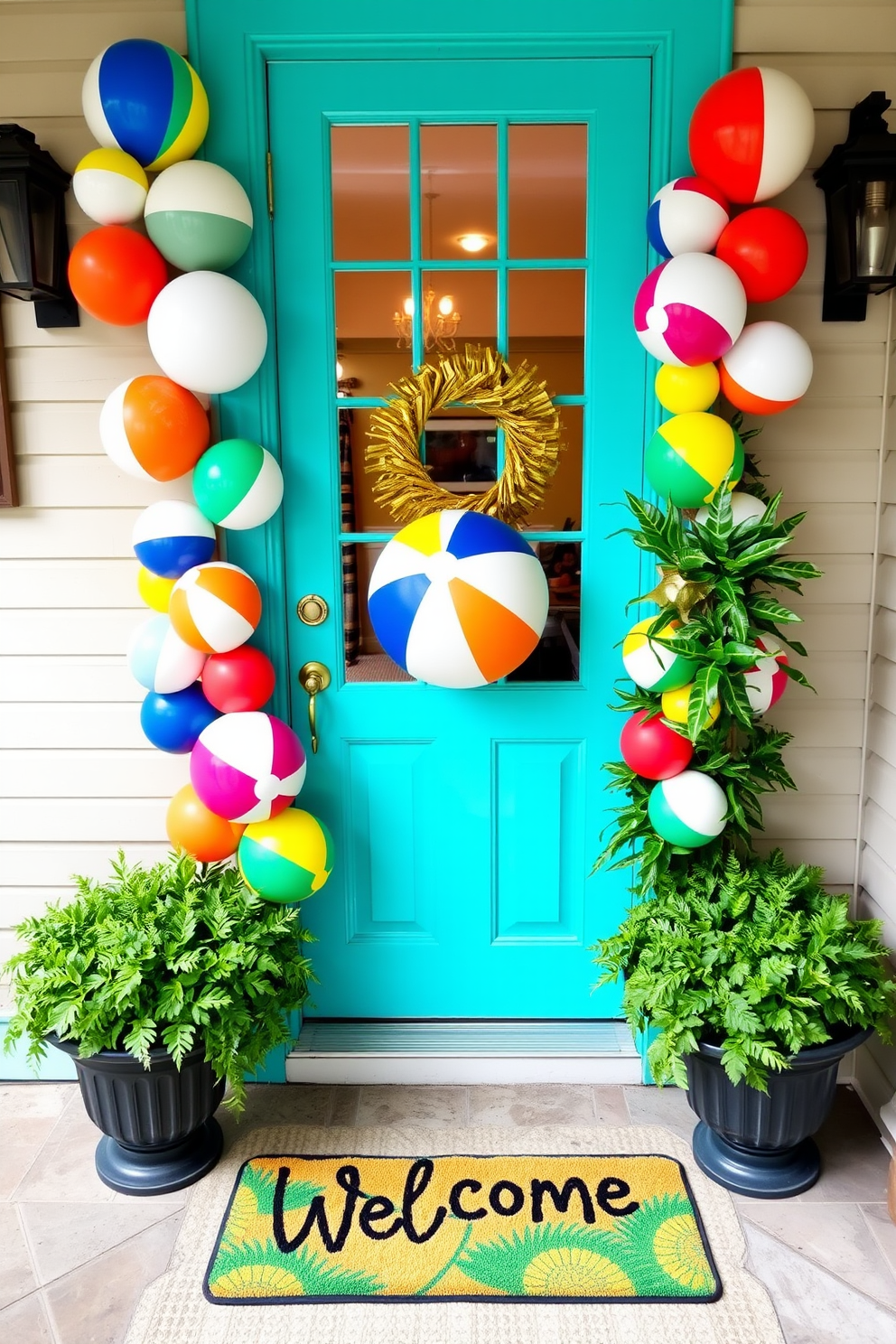 A vibrant front door adorned with colorful beach ball decorations creates a playful and inviting atmosphere. The door is painted a bright turquoise, and the beach balls in various sizes and colors are arranged artfully around the entrance. A cheerful welcome mat featuring a tropical design complements the beach ball theme. Potted plants with lush green foliage flank the door, adding a touch of nature to the festive summer decor.