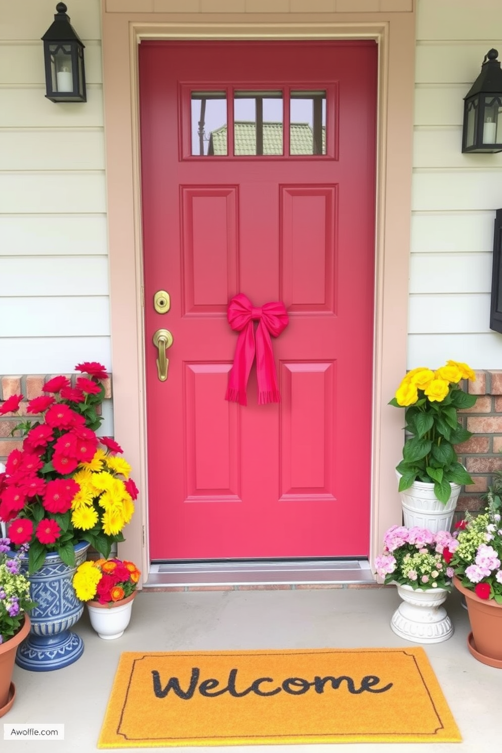 A charming front door adorned with a brightly colored door handle wrap that adds a pop of color. Surrounding the door, vibrant summer decorations like potted flowers and a cheerful welcome mat create an inviting entrance.