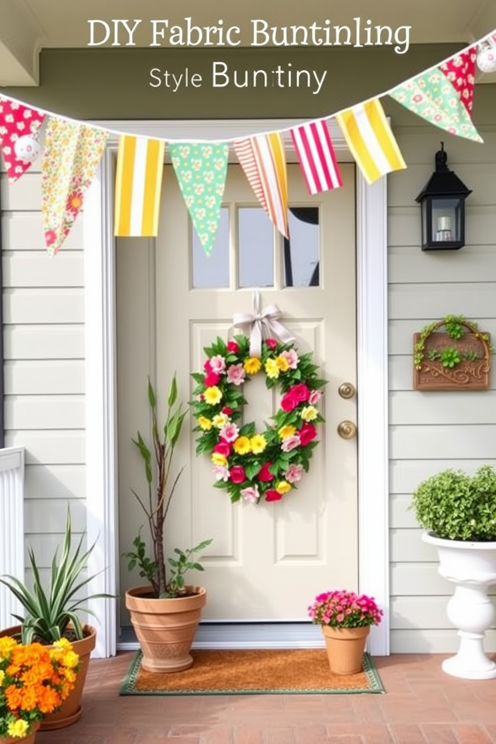 A cheerful front porch adorned with DIY fabric bunting in vibrant summer colors. The bunting features a mix of floral and striped patterns, creating a festive atmosphere that welcomes guests. A beautifully styled front door decorated with potted plants and a colorful summer wreath. The door is painted in a soft pastel hue, complementing the bright colors of the bunting and enhancing the summer vibe.