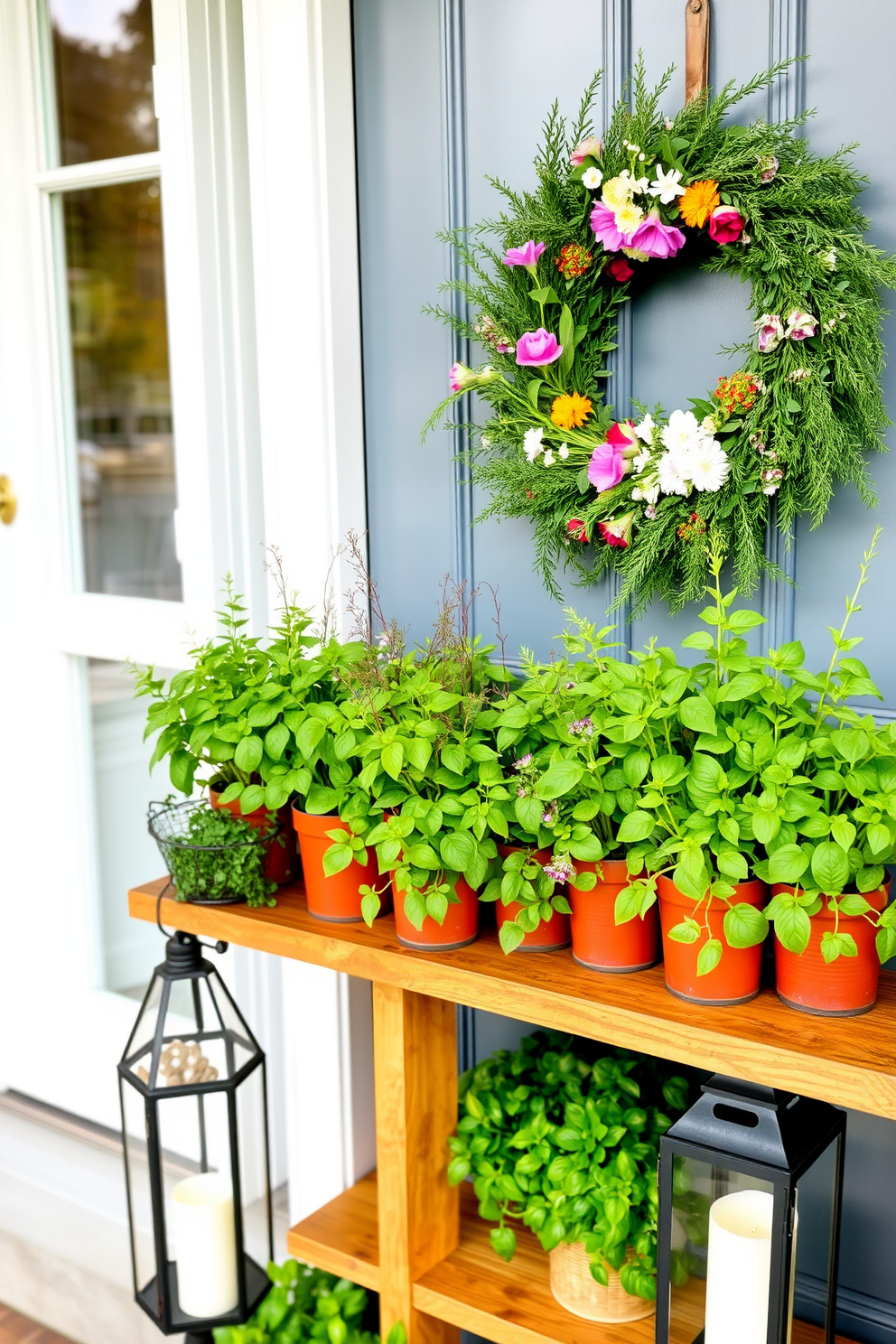 Fresh herbs in pots arranged neatly on a wooden shelf by the front door. The vibrant green leaves of basil, rosemary, and thyme create an inviting aroma that welcomes guests. A charming summer wreath made of colorful flowers and greenery hangs on the door. Decorative lanterns with flickering candles flank the entrance, adding warmth to the outdoor space.