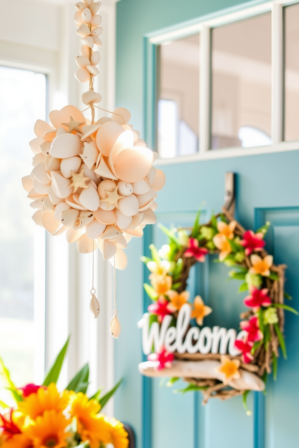 Hanging seashell decor creates a serene coastal vibe. The soft colors of the seashells complement the natural light streaming through the front door. For summer front door decorating ideas, consider vibrant wreaths made of tropical flowers. Add a welcome sign crafted from driftwood to enhance the beachy feel.