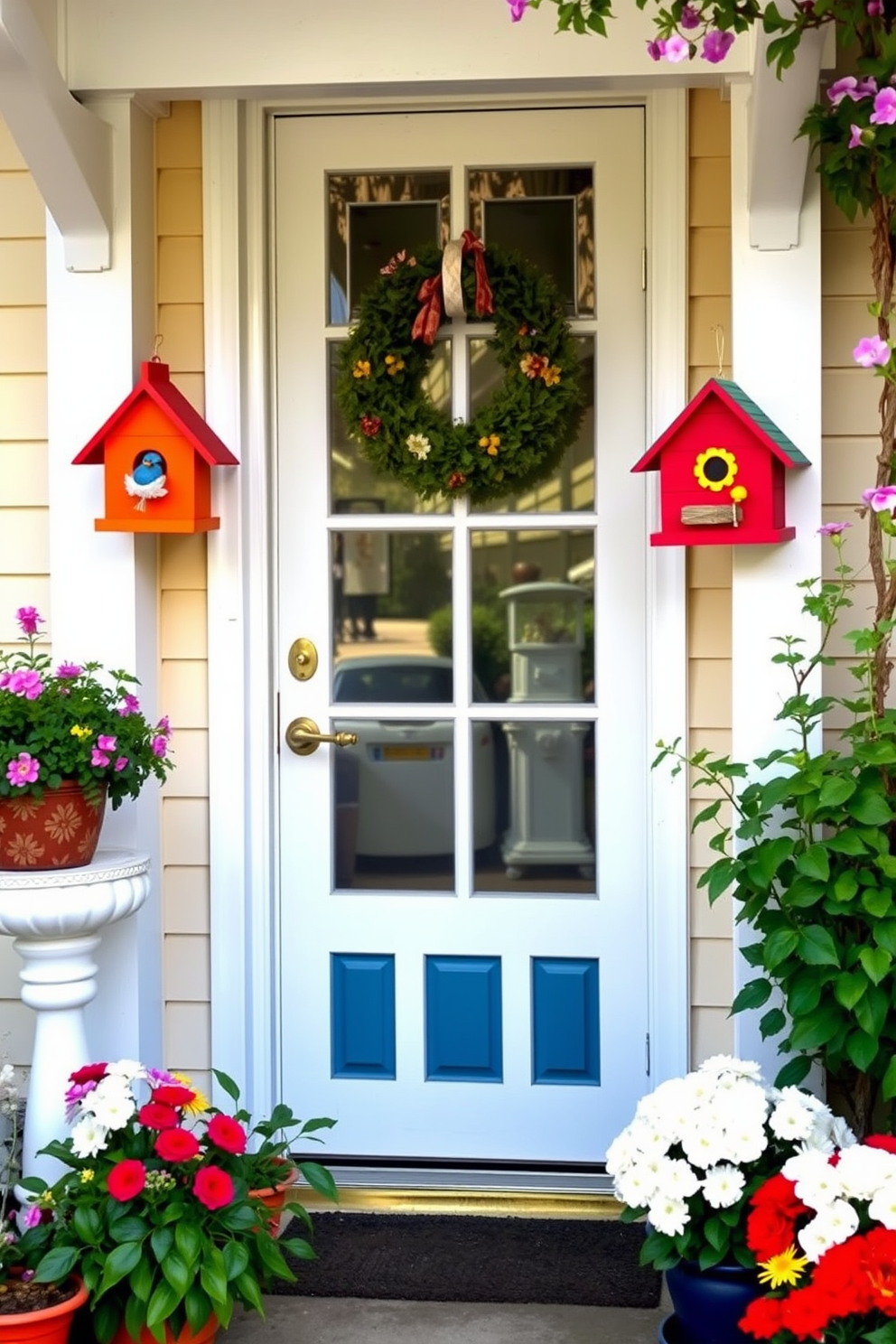 Create a charming summer front door scene featuring decorative birdhouses hanging near the entrance. The birdhouses should be painted in vibrant colors, adding a playful touch to the doorway, complemented by lush greenery and blooming flowers around the entrance.