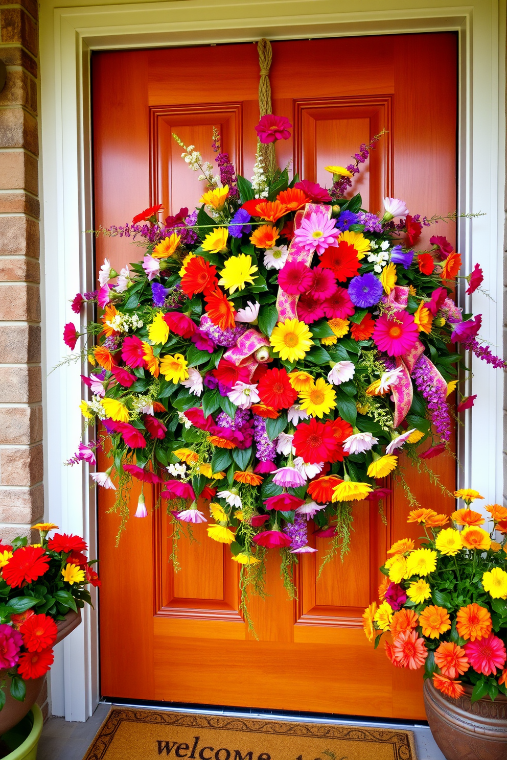 A vibrant floral door swag adorned with an array of colorful blooms creates a warm and inviting entrance. The arrangement features lush greenery intertwined with seasonal flowers, bringing a touch of nature to the front door. Incorporating bright colors and varied textures, this summer front door decorating idea enhances the curb appeal of the home. The swag can be complemented with matching potted plants or a decorative welcome mat for a cohesive look.