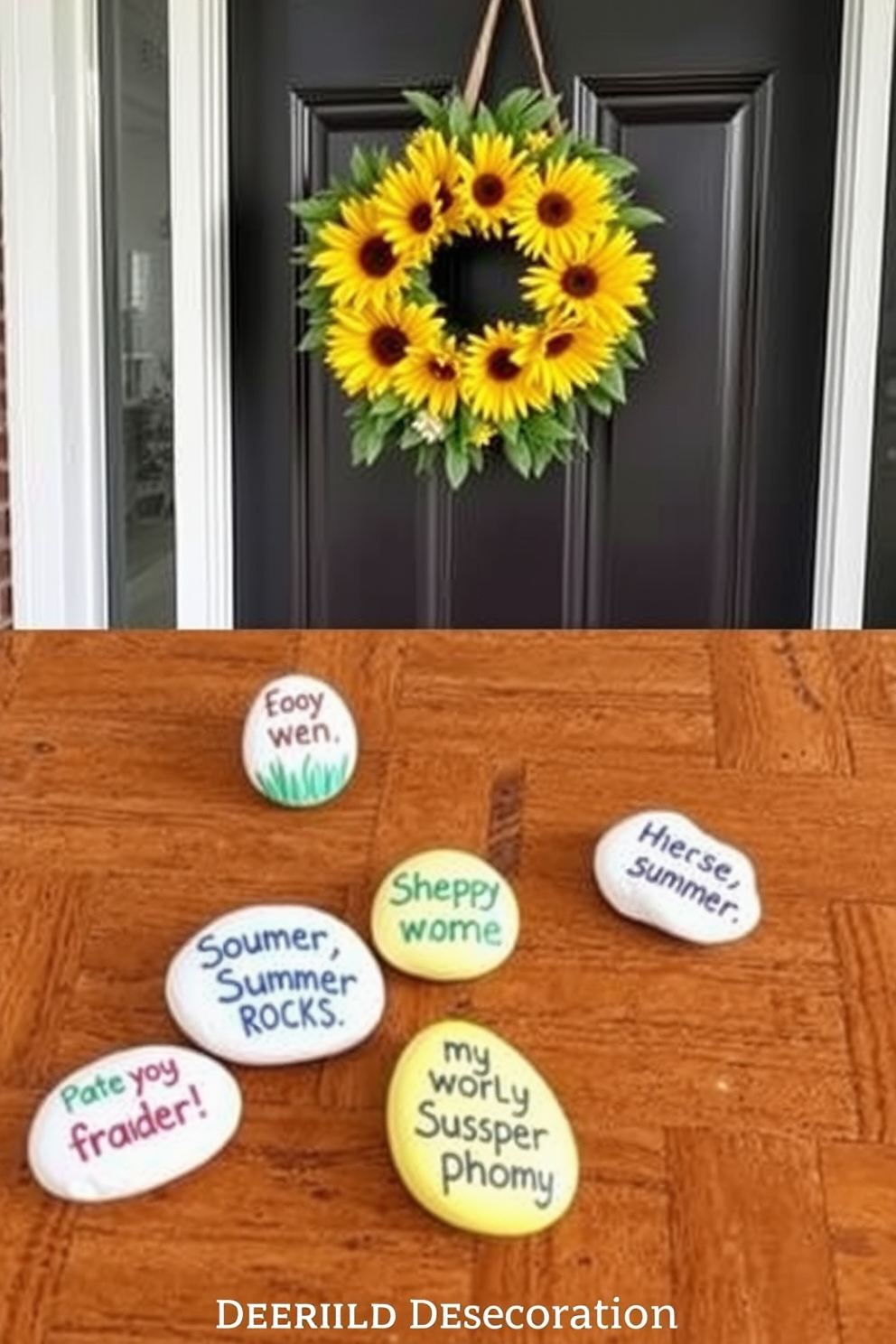 Painted rocks featuring cheerful summer messages are arranged artistically on a wooden table. Each rock showcases vibrant colors and playful phrases, creating a welcoming atmosphere. For summer front door decorating ideas, a bright wreath made of sunflowers and greenery hangs prominently on the door. Flanking the entrance, potted plants with colorful blooms add a touch of freshness and warmth.