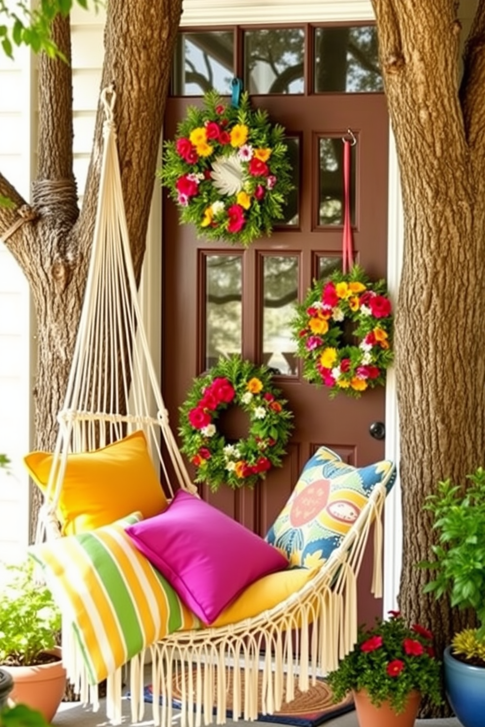 A cozy outdoor space featuring a hammock chair suspended between two sturdy trees. The chair is adorned with colorful throw pillows, inviting relaxation and leisure. A charming front door adorned with vibrant summer decorations. Brightly colored wreaths made of fresh flowers and greenery hang on the door, complemented by potted plants on either side.