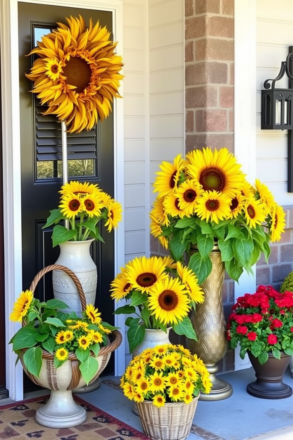 Sunflower arrangements in decorative containers create a cheerful and vibrant atmosphere. The bright yellow blooms are artfully arranged in rustic baskets and elegant vases, enhancing the warmth of the entryway. Summer front door decorating ideas focus on welcoming elements that reflect the season. Incorporate colorful wreaths made of natural materials and vibrant potted plants to create an inviting entrance.