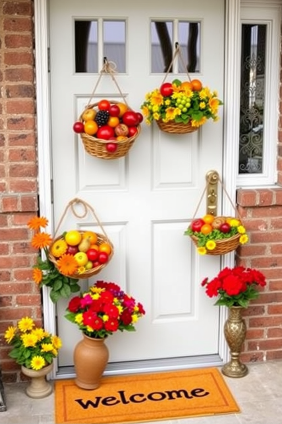 A charming front door adorned with hanging fruit baskets creates a vibrant and inviting atmosphere. The baskets are filled with an assortment of colorful fruits, adding a touch of freshness and warmth to the entrance. Brightly colored seasonal flowers are arranged alongside the fruit baskets to enhance the summer theme. A cheerful welcome mat sits beneath the door, complementing the decor and inviting guests inside.