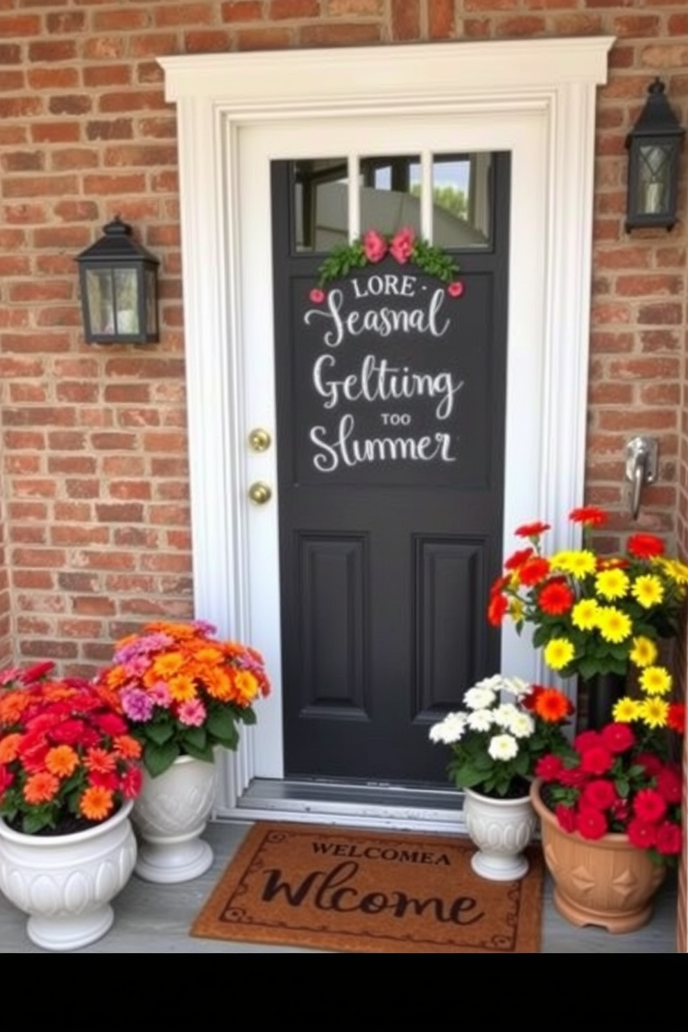 A charming front door adorned with a chalkboard sign displaying seasonal greetings. Surrounding the door are vibrant potted flowers and a welcoming doormat, creating a cheerful summer atmosphere.