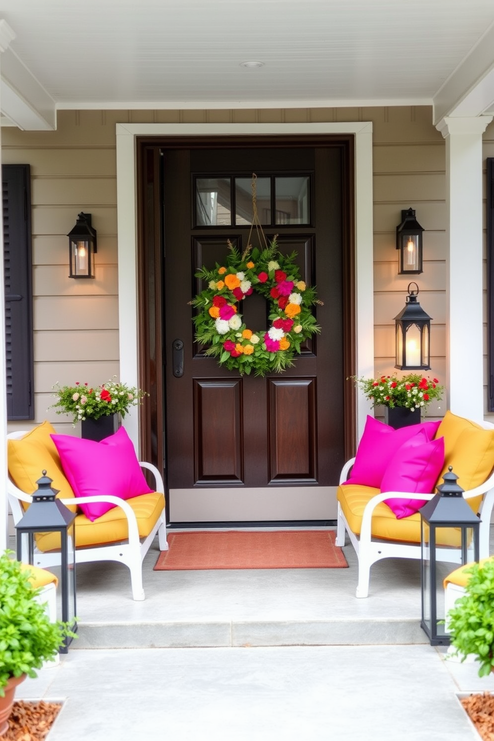 Bright cushions adorn the comfortable porch seating, adding a pop of color and inviting warmth to the outdoor space. The vibrant hues complement the natural surroundings, creating a cheerful and welcoming atmosphere. The front door features an elegant wreath made of seasonal flowers and greenery, enhancing the home's curb appeal. Soft lighting from lanterns flanking the entrance casts a warm glow, inviting guests to step inside.