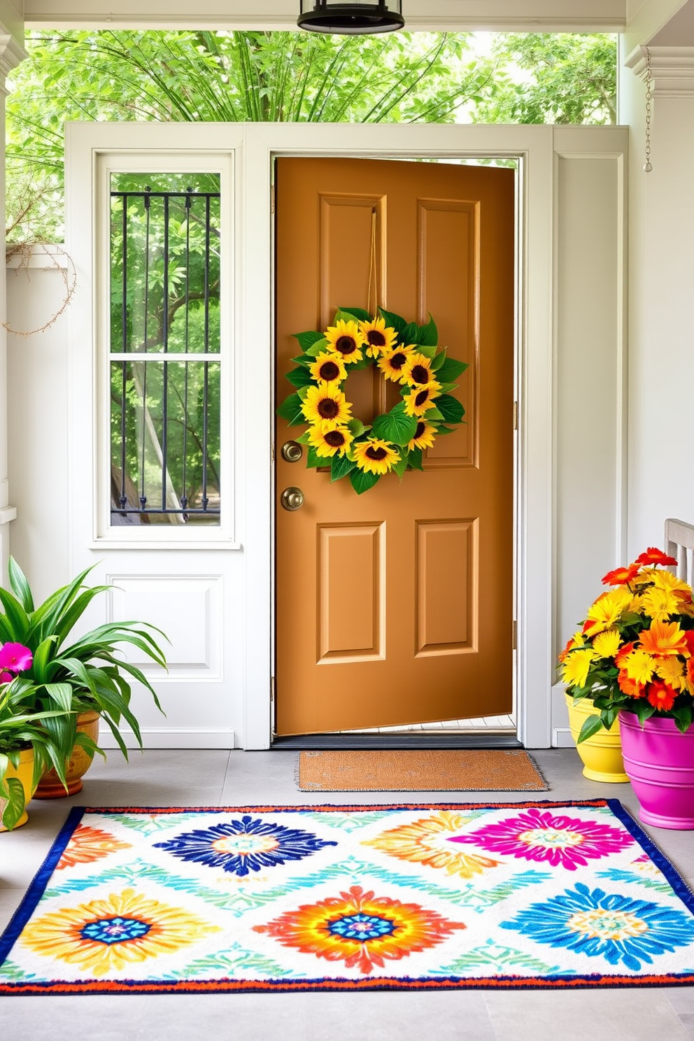 A colorful outdoor rug lies on the porch, featuring vibrant patterns that complement the surrounding greenery. The rug adds a cozy touch and invites guests to relax in the outdoor space. For summer front door decorating ideas, a bright wreath made of sunflowers and tropical leaves hangs on the door. Flanking the entrance, potted plants in cheerful colors create an inviting atmosphere.