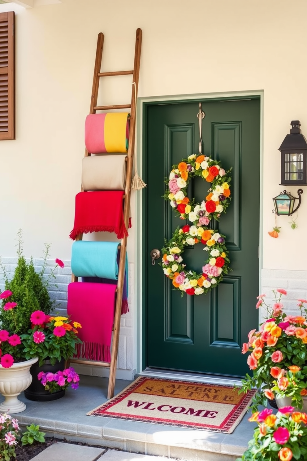 A decorative ladder leans against a soft pastel wall, adorned with a variety of colorful summer blankets in vibrant hues. The blankets are neatly draped, creating a cozy and inviting atmosphere perfect for warm weather. The front door is framed by lush greenery and blooming flowers, with a cheerful welcome mat placed at the entrance. A tasteful wreath made of seasonal blooms hangs on the door, adding a touch of charm and hospitality to the home.