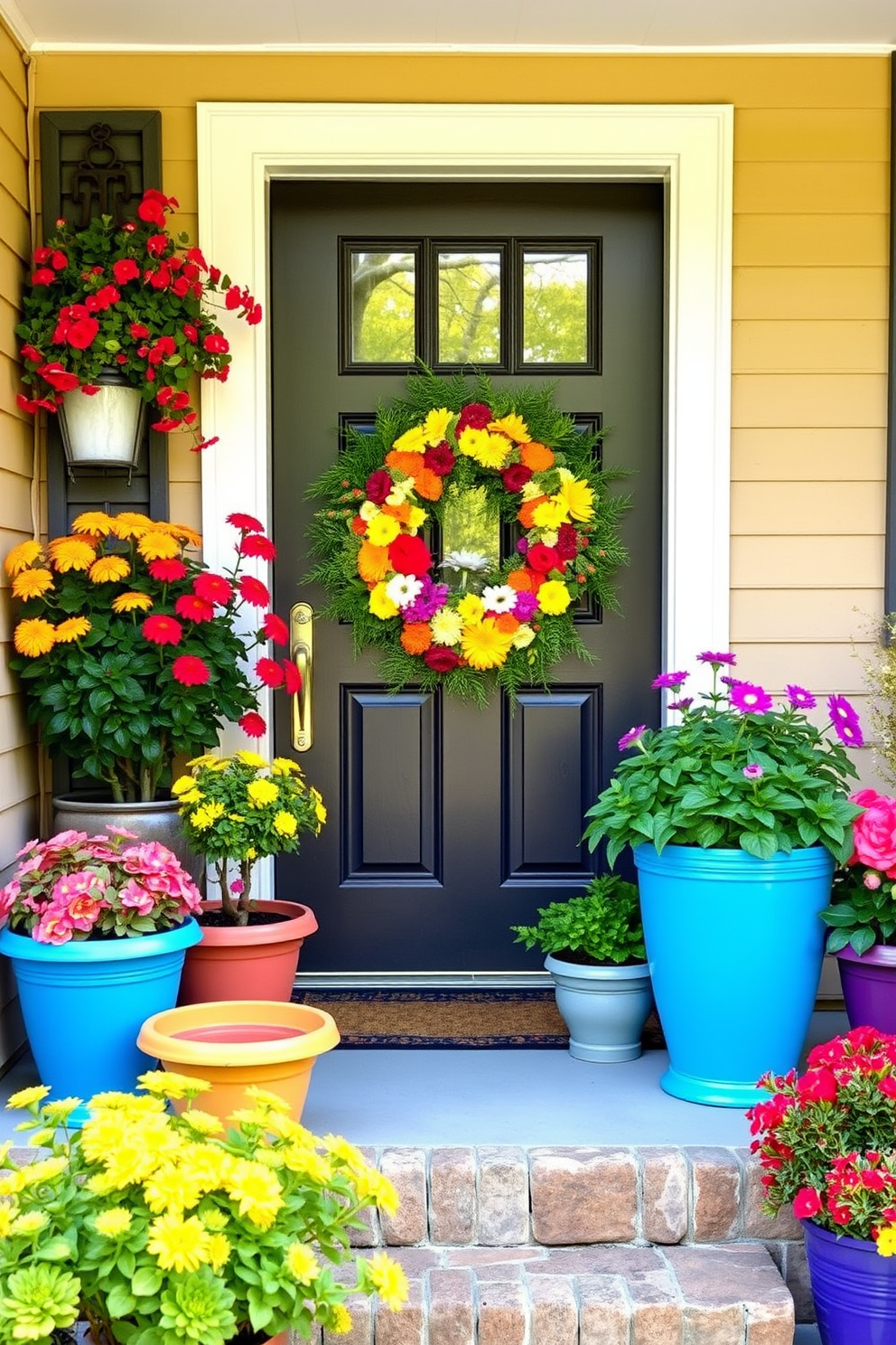 A vibrant porch adorned with colorful potted plants in various sizes and shapes. The entrance features a welcoming front door decorated with a beautiful wreath made of seasonal flowers and greenery.