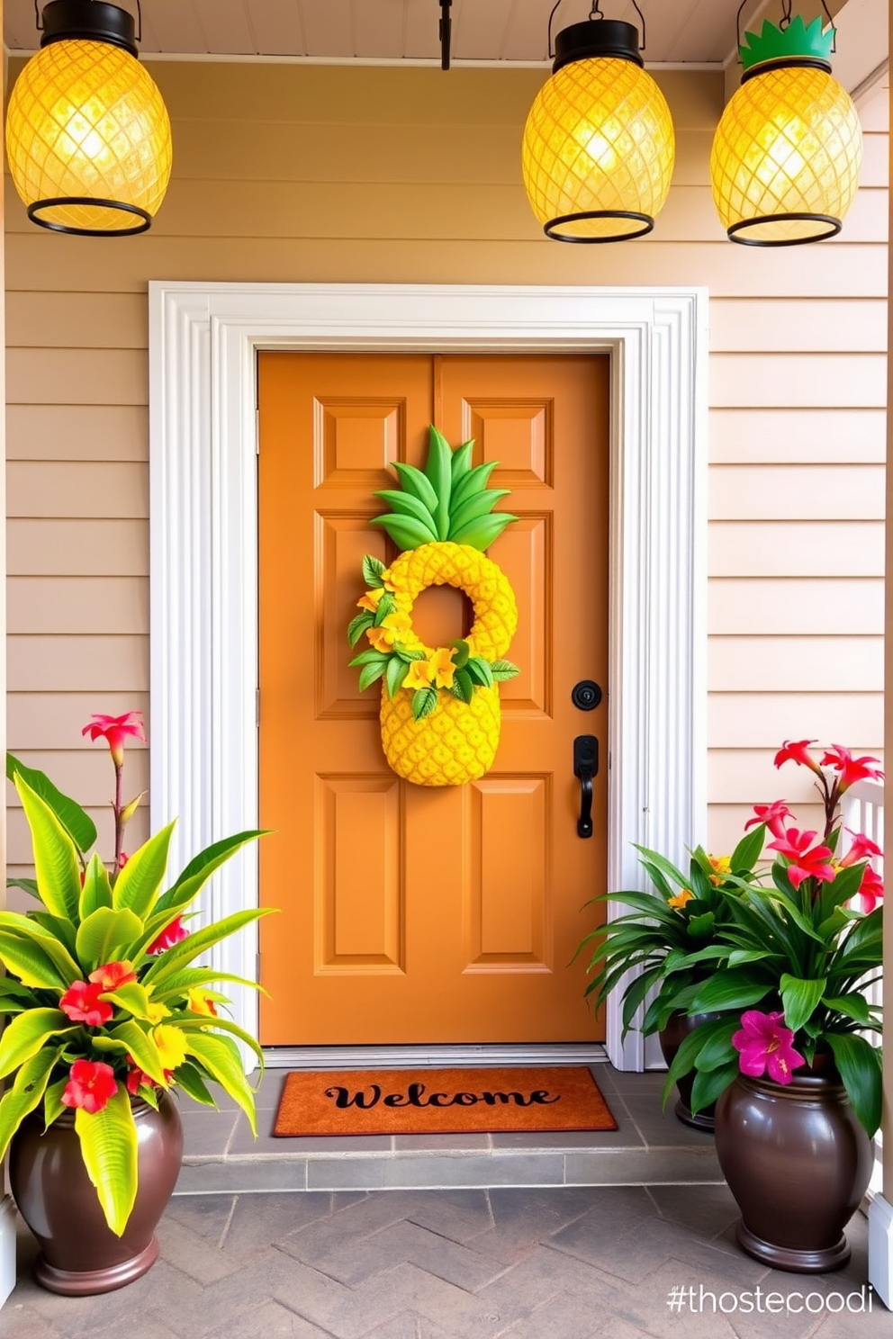 A vibrant front door adorned with pineapple decor sets a cheerful tone for a tropical theme. The door features a bright yellow wreath made of faux pineapples and tropical leaves, complemented by a matching doormat that welcomes guests with a playful message. Flanking the door are potted plants with lush green foliage and colorful tropical flowers. A pair of pineapple-shaped lanterns hang from the porch ceiling, casting a warm glow in the evening.