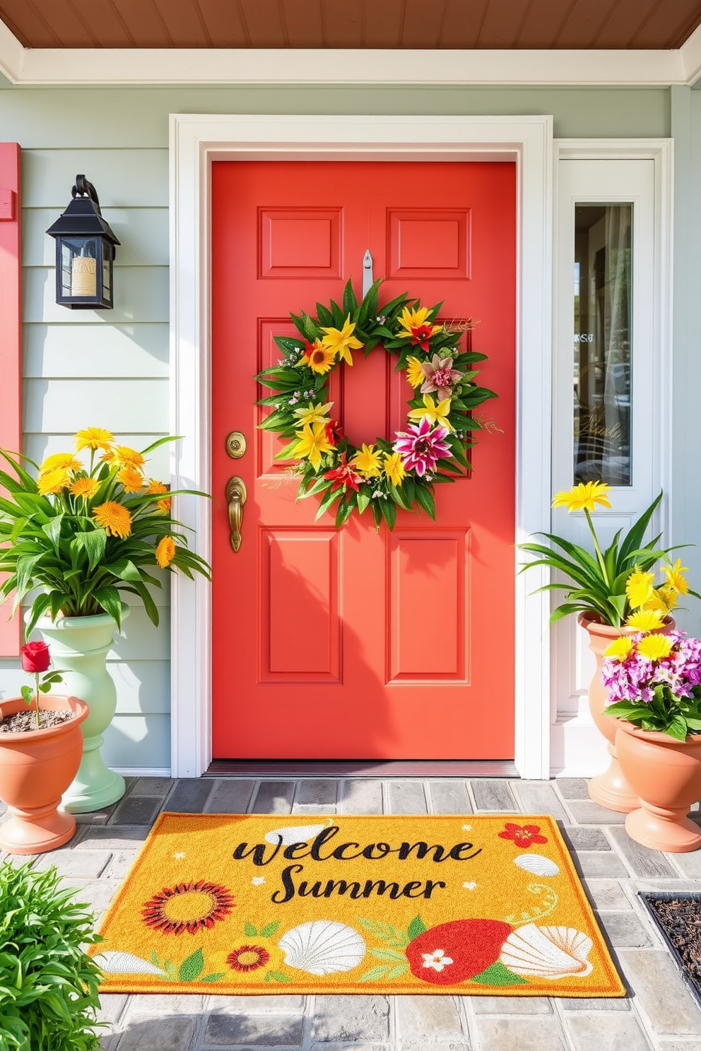 A charming welcome mat featuring vibrant summer themes such as sunflowers and seashells is placed at the entrance. The mat complements a bright front door painted in a cheerful coral hue, inviting guests with its warm and welcoming appeal. Floral arrangements in colorful pots flank the door, enhancing the summer vibe. A cheerful wreath made of tropical leaves and flowers adorns the door, creating a festive atmosphere.