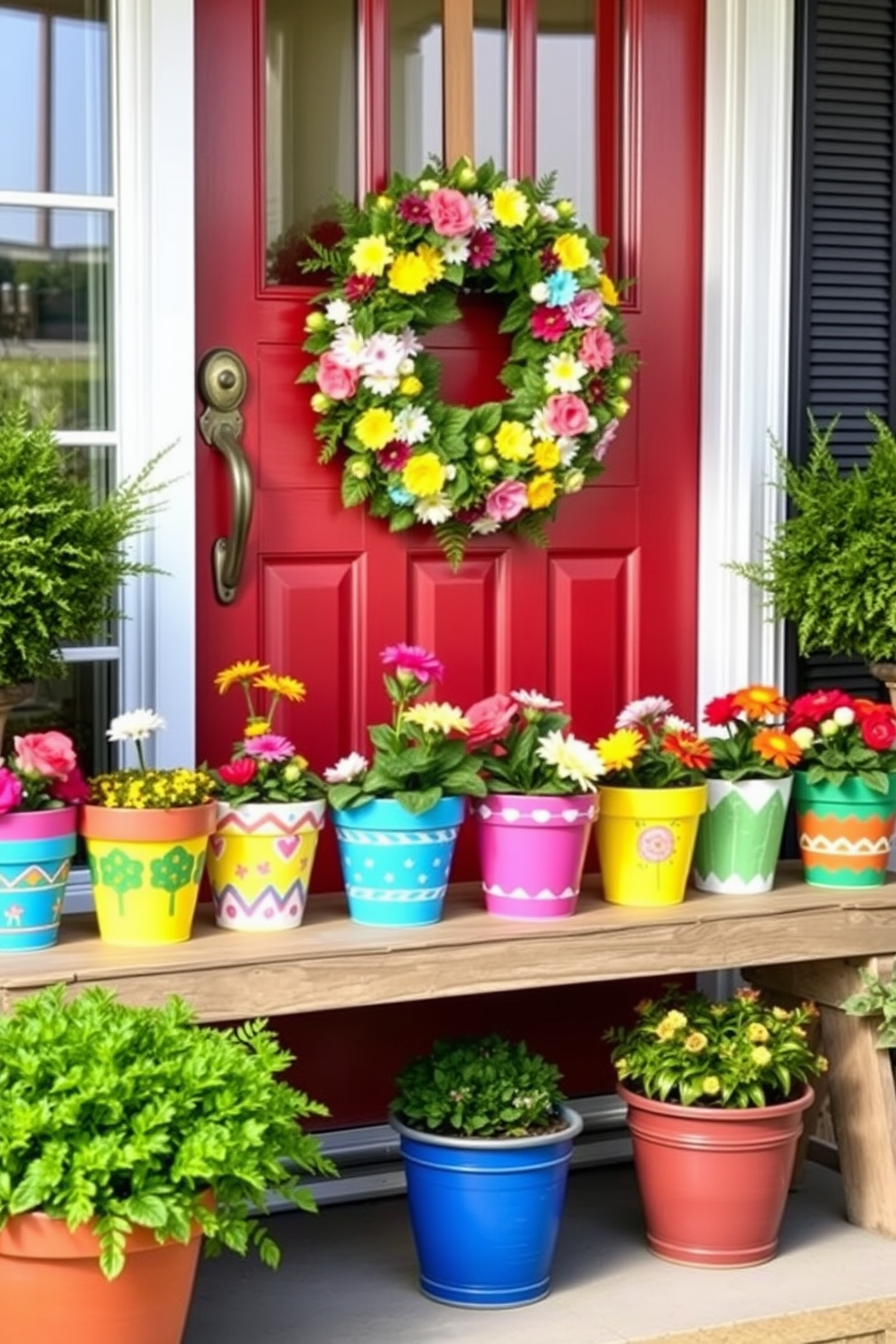 A bright and welcoming entryway features a series of DIY painted flower pots in vibrant colors, each adorned with unique patterns and designs. The flower pots are arranged along a rustic wooden bench, overflowing with seasonal blooms that add a touch of nature and charm. The front door is decorated with a cheerful summer wreath made of faux flowers and greenery, complementing the colorful pots. Flanking the door are potted plants that enhance the inviting atmosphere, creating a warm and friendly entrance to the home.